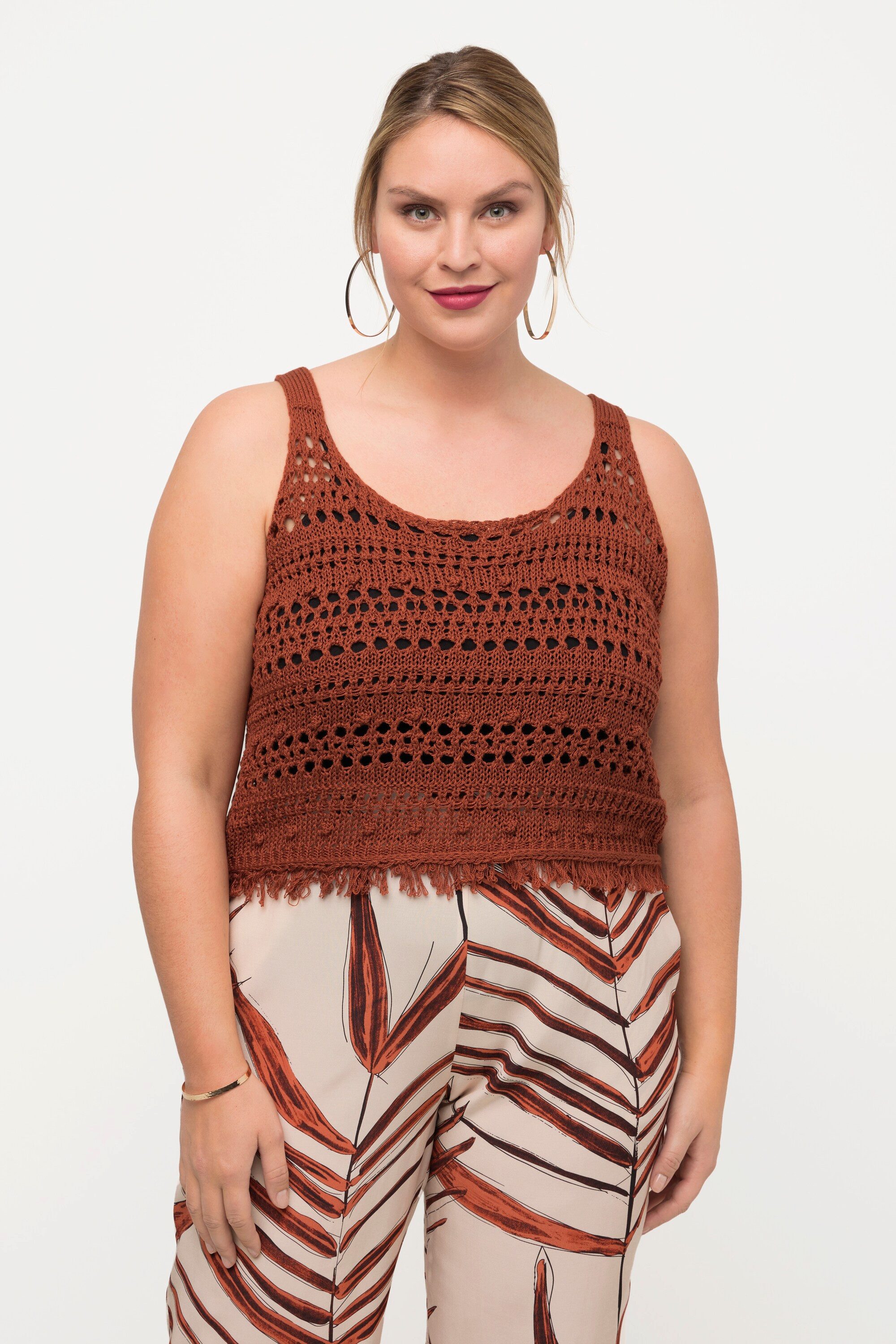 Ulla Popken Strickpullover Stricktop Fransen Classic Rundhals ärmellos