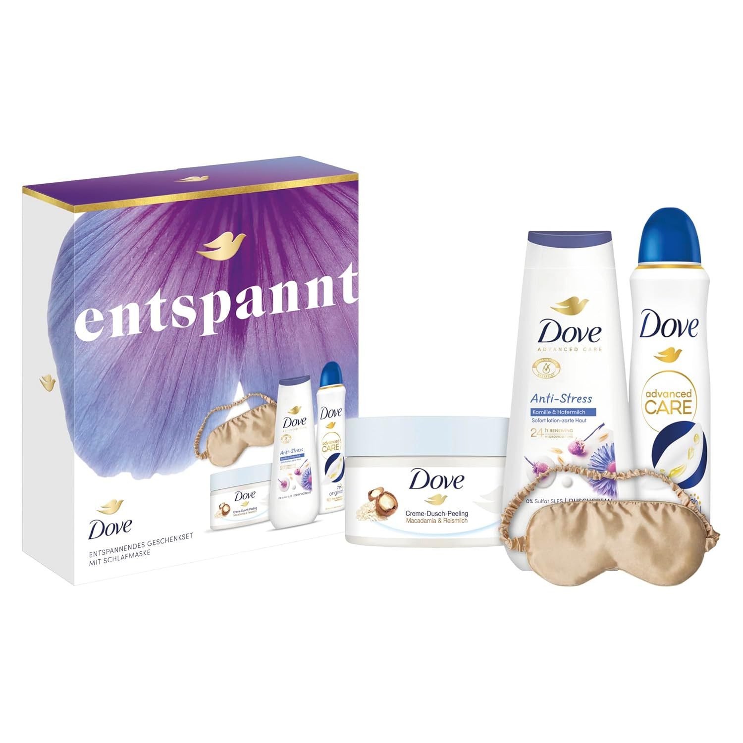 DOVE / UNILEVER Pflege-Geschenkset 1x Dove Geschenkset "Entspannt", 1-tlg., mit Duschcreme, Anti Transpirant, Dusch-Creme-Peeling und Schlafmaske