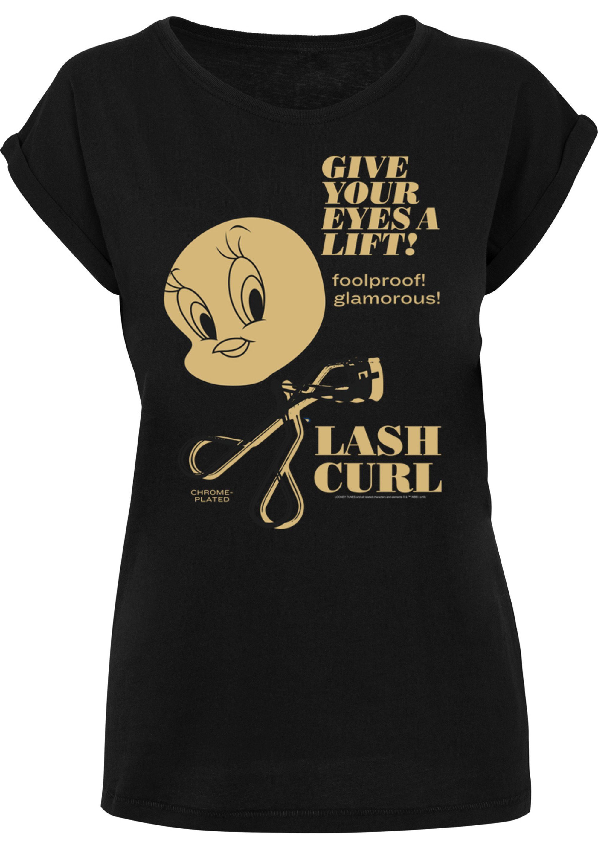 F4NT4STIC Kurzarmshirt Damen Tweety Lash Curls with Ladies Extended Shoulder Tee (1-tlg) black