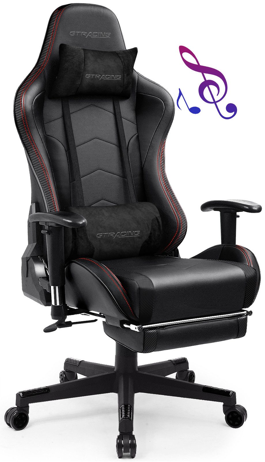 GTPLAYER Gaming-Stuhl Bürostuhl Gamer Stuhl mit Fußstützen Bluetooth Lautsprecher, Ergonomischer Musik Computerstuhl inkl. Lendenwirbel- und Nackenkissen