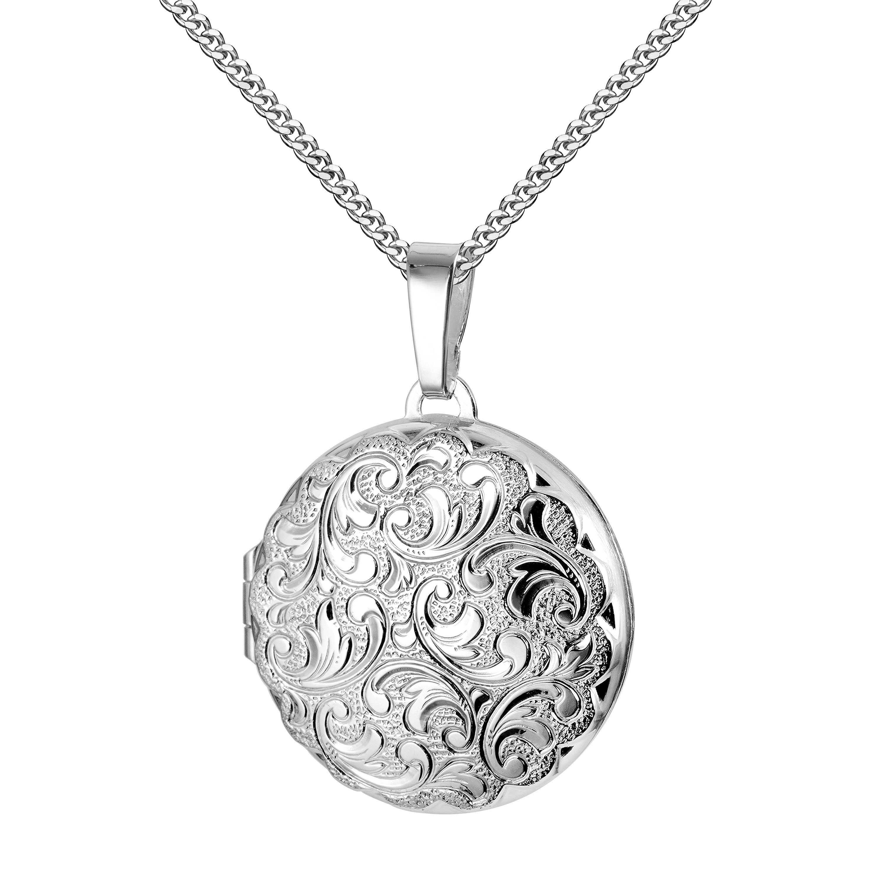JEVELION Amulett Medaillon Anhänger Silber 925 rund Ornament-Verzierung für 2 Bilder (Fotomedaillon, für Damen und Mädchen), Mit Kette Sterlingsilber - Länge wählbar 36 - 70 cm oder ohne Kette.