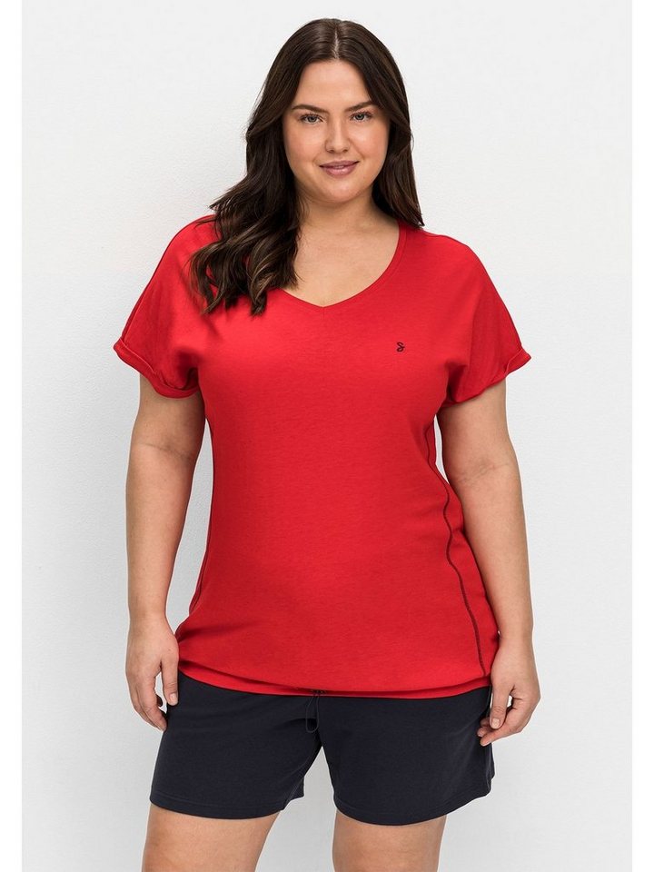 Sheego T-Shirt Große Größen mit elastischem Saumbund, Abgerundeter  V-Ausschnitt, überschnittene Schulter
