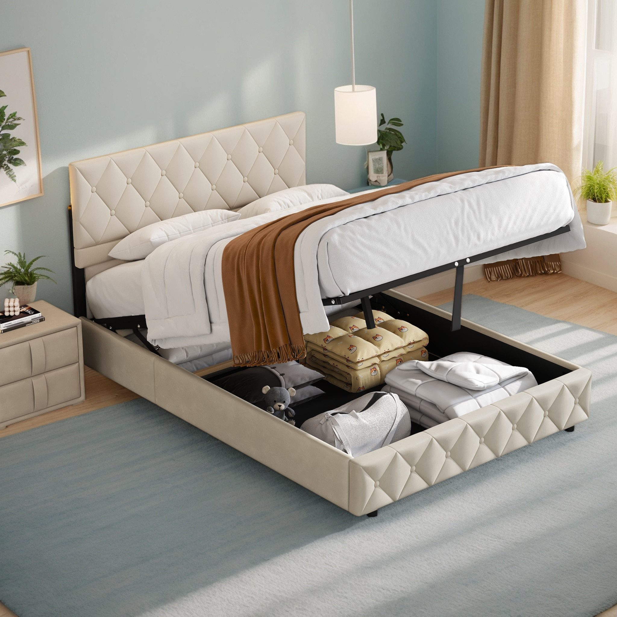 OKWISH Polsterbett Stauraumbett Funktionsbett (Ausgezeichnete Atmungsaktivi günstig online kaufen