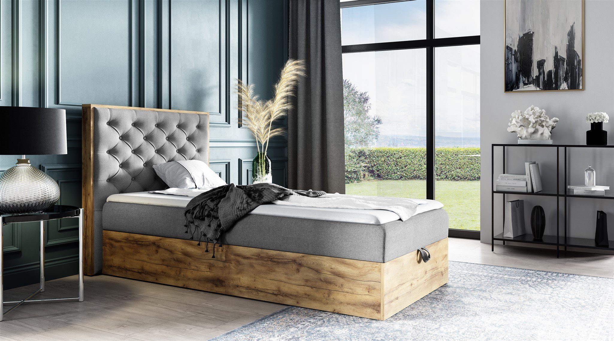 Fun Möbel Boxbett Gästebett Einzelbett Bett DIONA MINI in Stoff (Artisan-Eiche Optik, in drei Größen), Inkl. Bettkasten und Topper