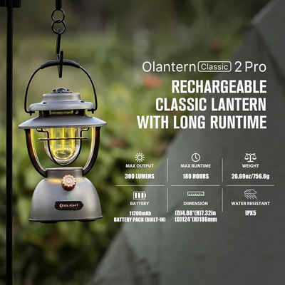 OLIGHT LED Laterne Olantern Classic 2 Pro Campinglampe 300 Lumen, LED fest integriert, Orange LEDs; Warmweiße LEDs, Stufenlos dimmbar, Notstrombank USB Wiederaufladbar