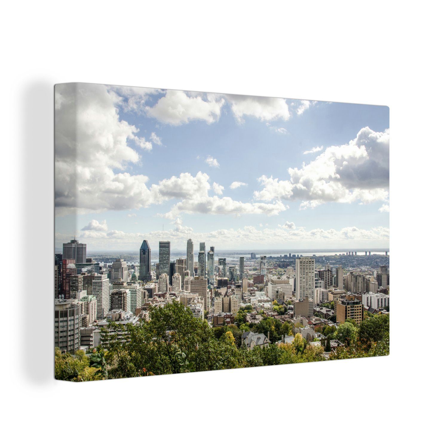 St), Leinwandbild Wandbild Ville des 30x20 Leinwandbilder, Bäumen Montréal, Der cm Wanddeko, Horizont hinter (1 OneMillionCanvasses® Aufhängefertig, Centre den