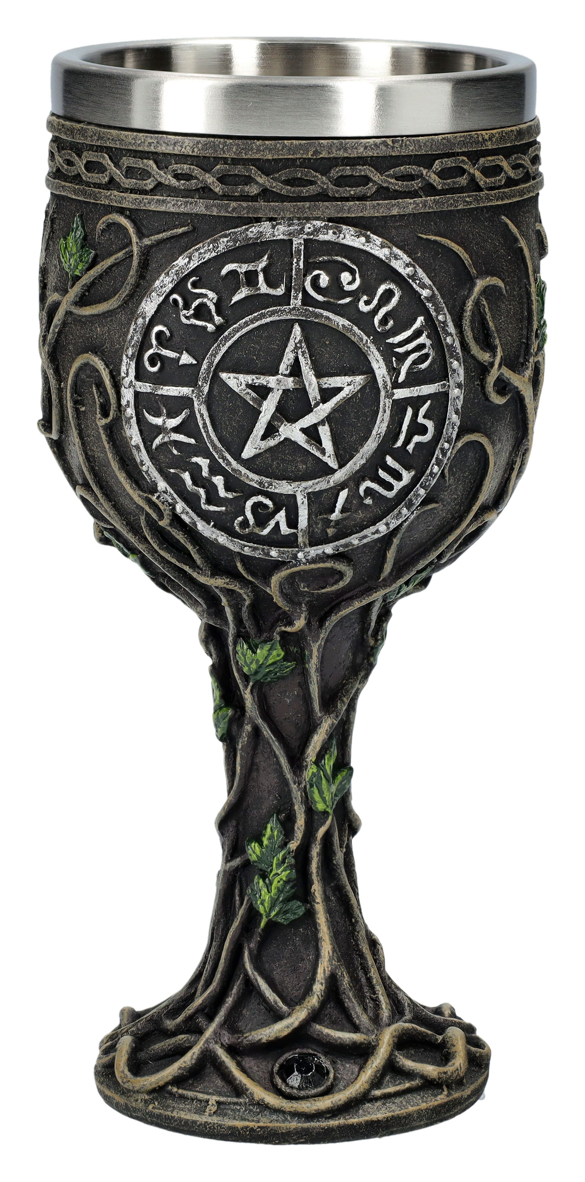 Figuren Shop GmbH Becher Kelch - Hexenkelch mit Pentagramm - Weinkelch Efeu Hexen Accessoire, Kunststein (Polyresin), Edelstahl