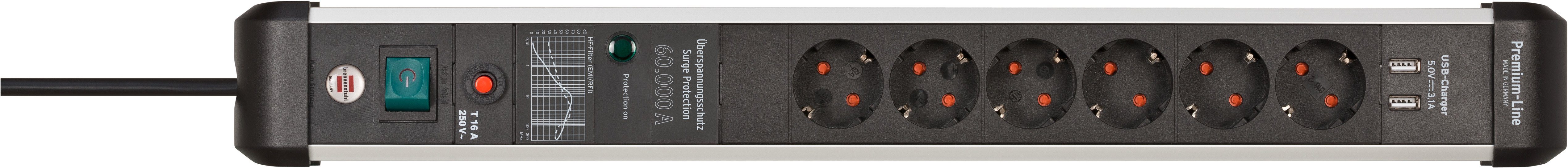 Brennenstuhl Premium-Pect-Line Steckdosenleiste 6-fach (Kabellänge 3 m), mit Überspannungsschutz, Schalter und 2-fach USB 3,1 A