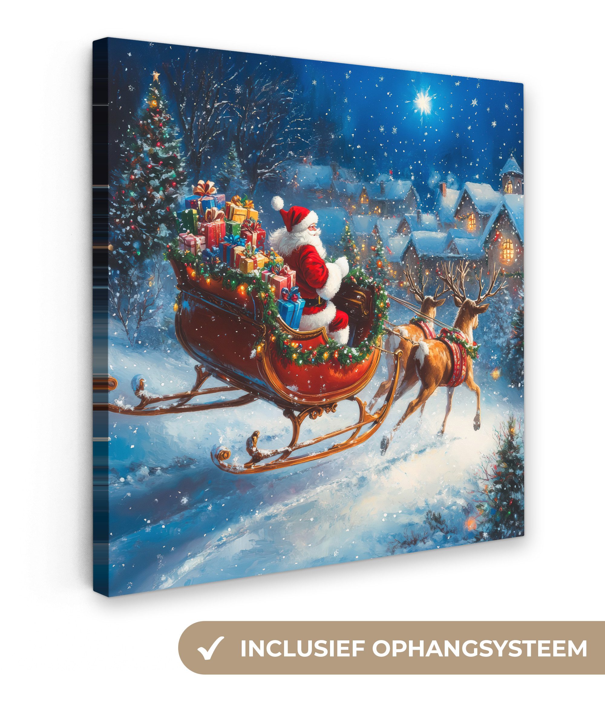 OneMillionCanvasses® Leinwandbild Weihnachtsmann - Rentier - Weihnachten - Schnee, Fotodruck (1 St), Wandbild, Deko Schlafzimmer Wohnzimmer Flur 20x20 cm