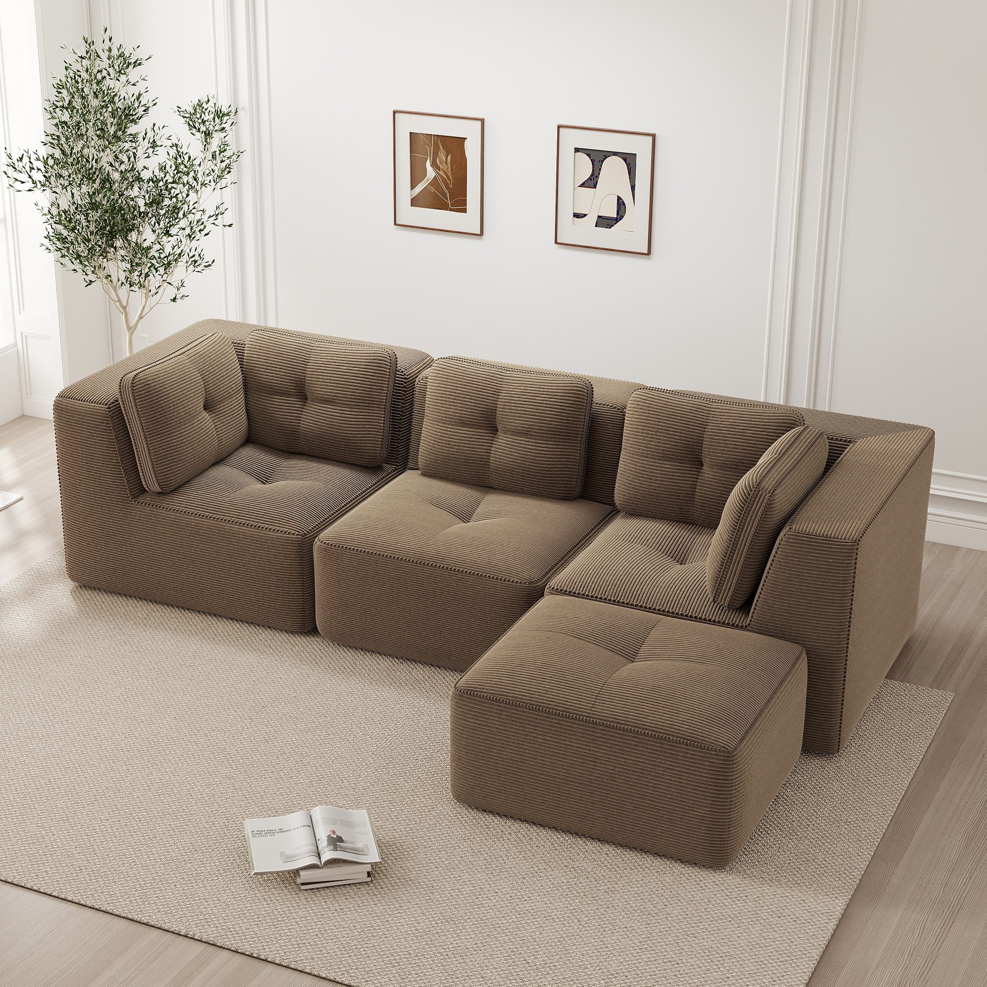 BlingBin Ecksofa Modulares 3 Sitzer Cordsofa L Form Boneless Sofa mit Fußhocker, 1 Teile, Breiten Armlehnen und Rückenkissen,Lounge Sofa,Vakuumkomprimiertes