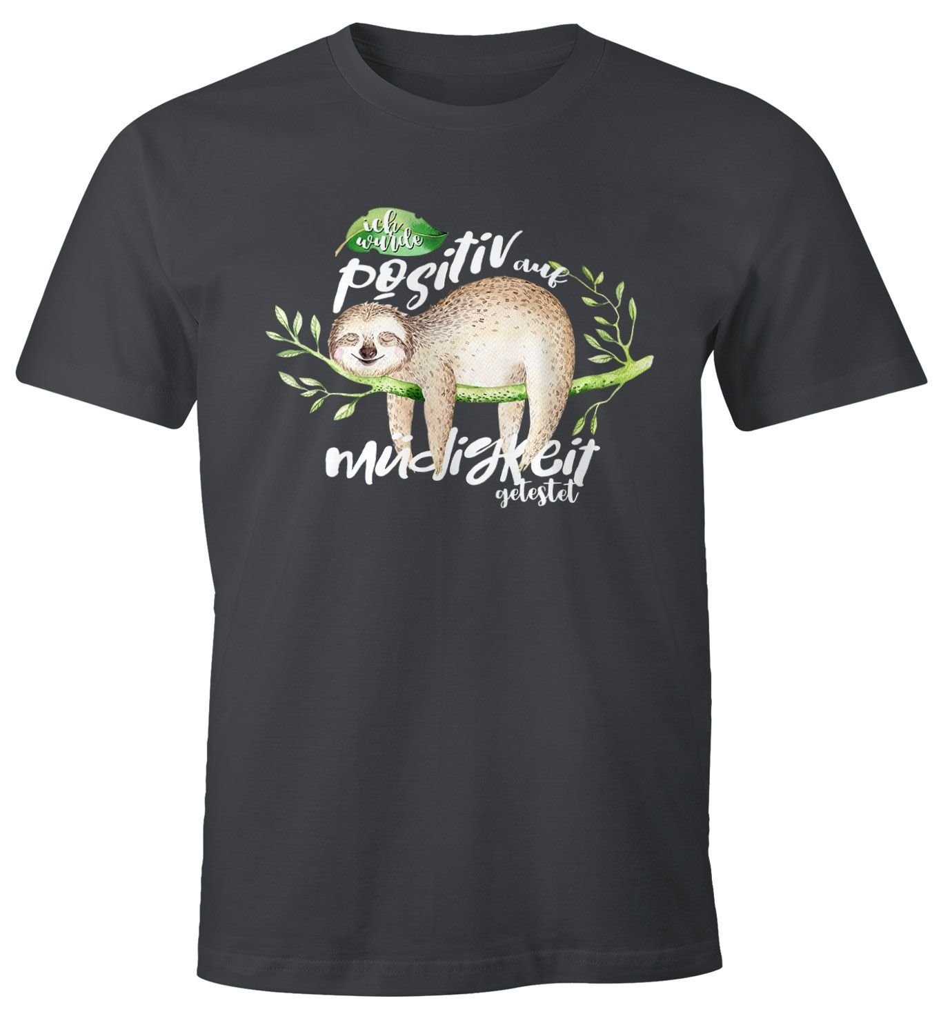 MoonWorks Print-Shirt Herren T-Shirt Faultier Ich wurde positiv auf Müdigkeit getestet Sloth Fun-Shirt lustig Faulenzer Langschläfer Moonworks® mit Print grau