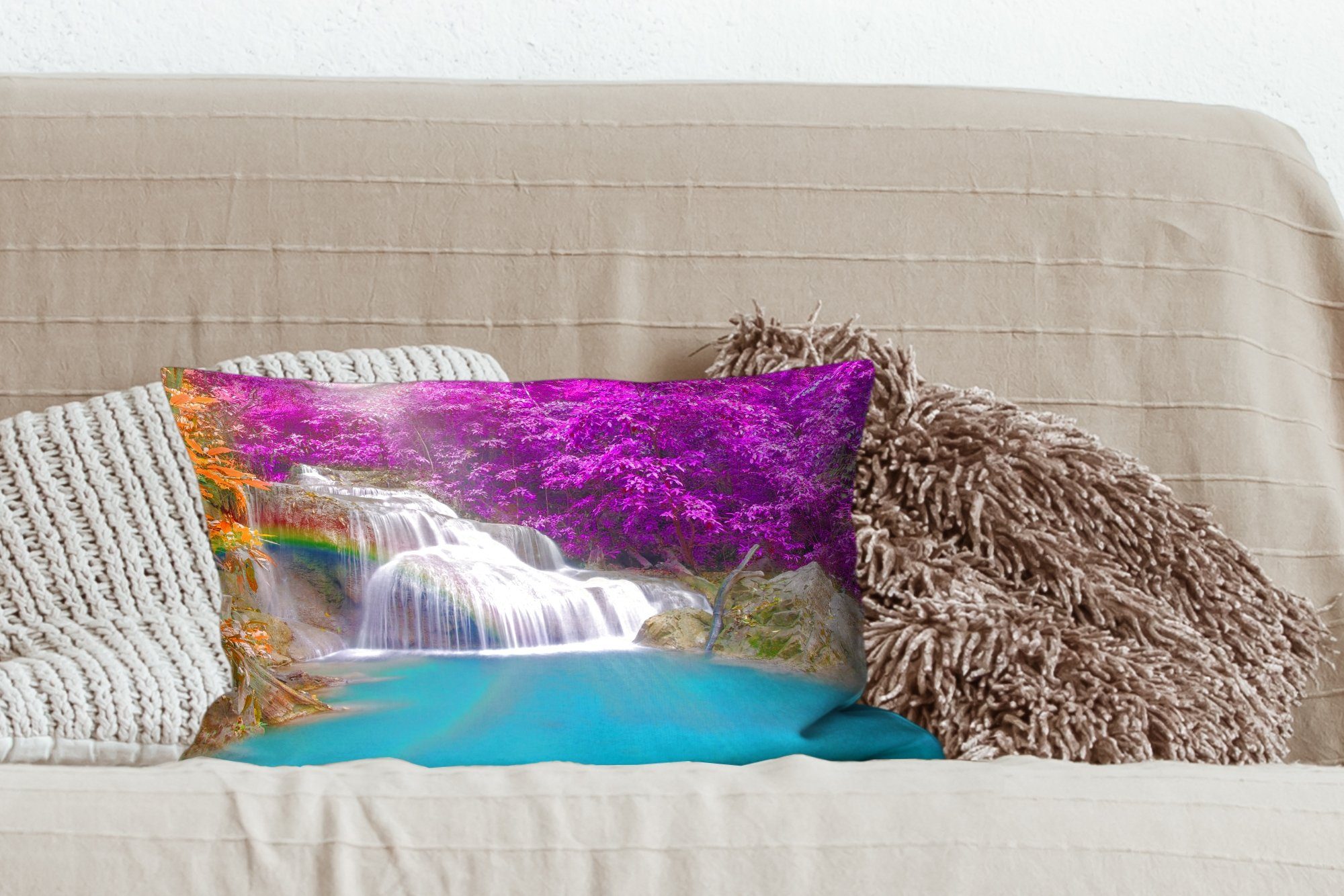 Wasserfall Wohzimmer Bäume - Dekoration, Regenbogen Dekokissen Lila, - Schlafzimmer Zierkissen, mit - Füllung, Dekokissen MuchoWow