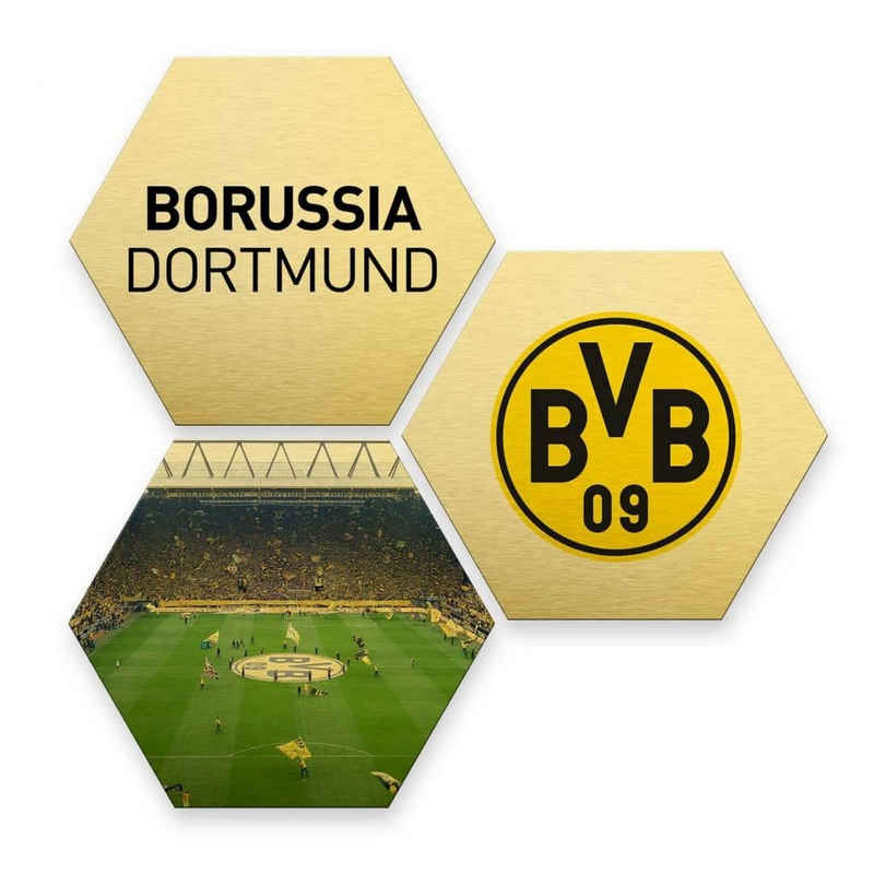 Borussia Dortmund Gemälde »Alu-Dibond Poster 3er Set Fußball Logo Signal Iduna Park BVB Borussia Dortmund Gold«, Wohnzimmer Bilder modern
