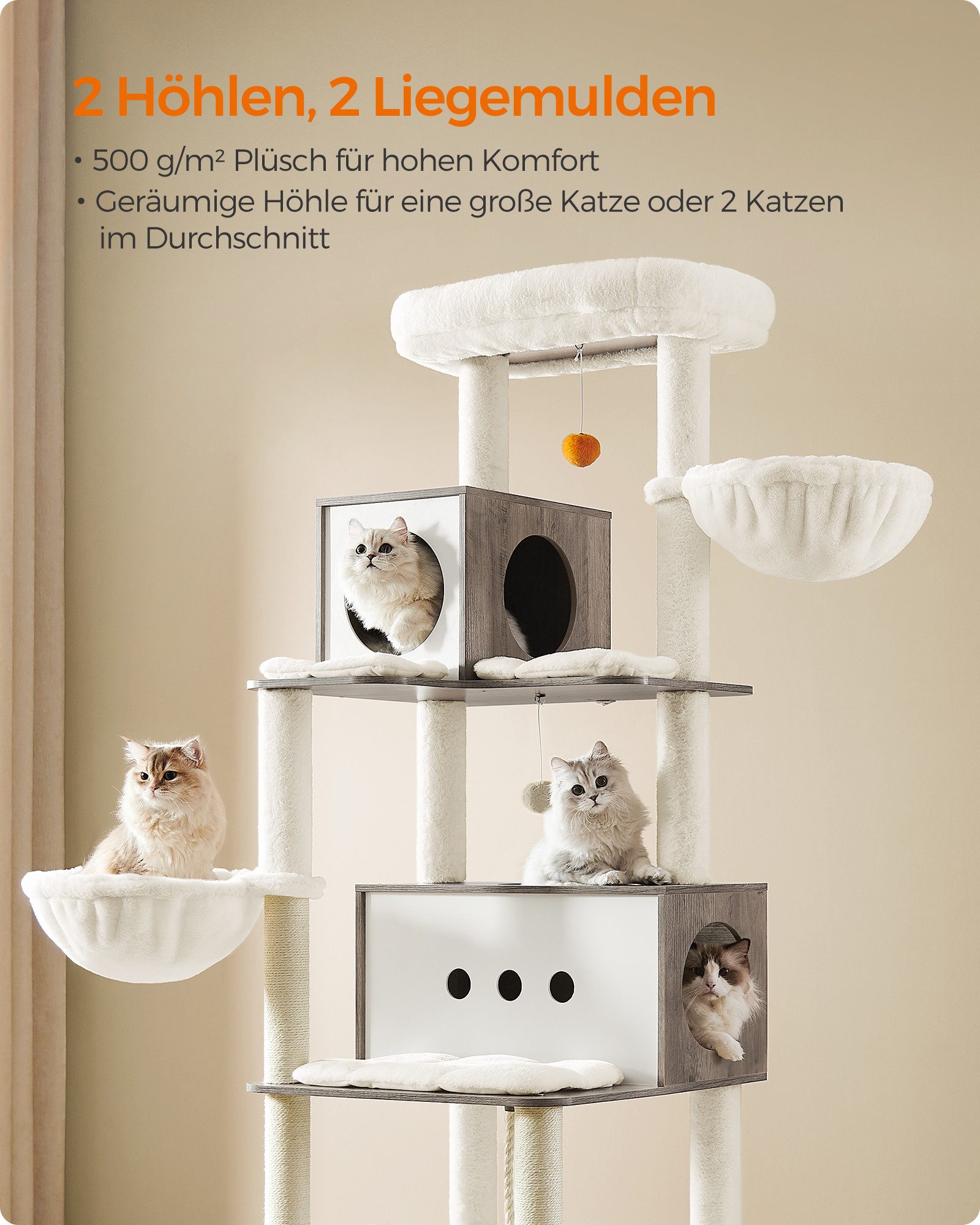 FEANDREA Kratzbaum Katzenbaum, mehrstöckiges Katzenhaus, 192 cm, XXL, 2 Höhlen, 2 Liegemulden, 4 Kratzstämmen, Katzenbürste, Tunnel