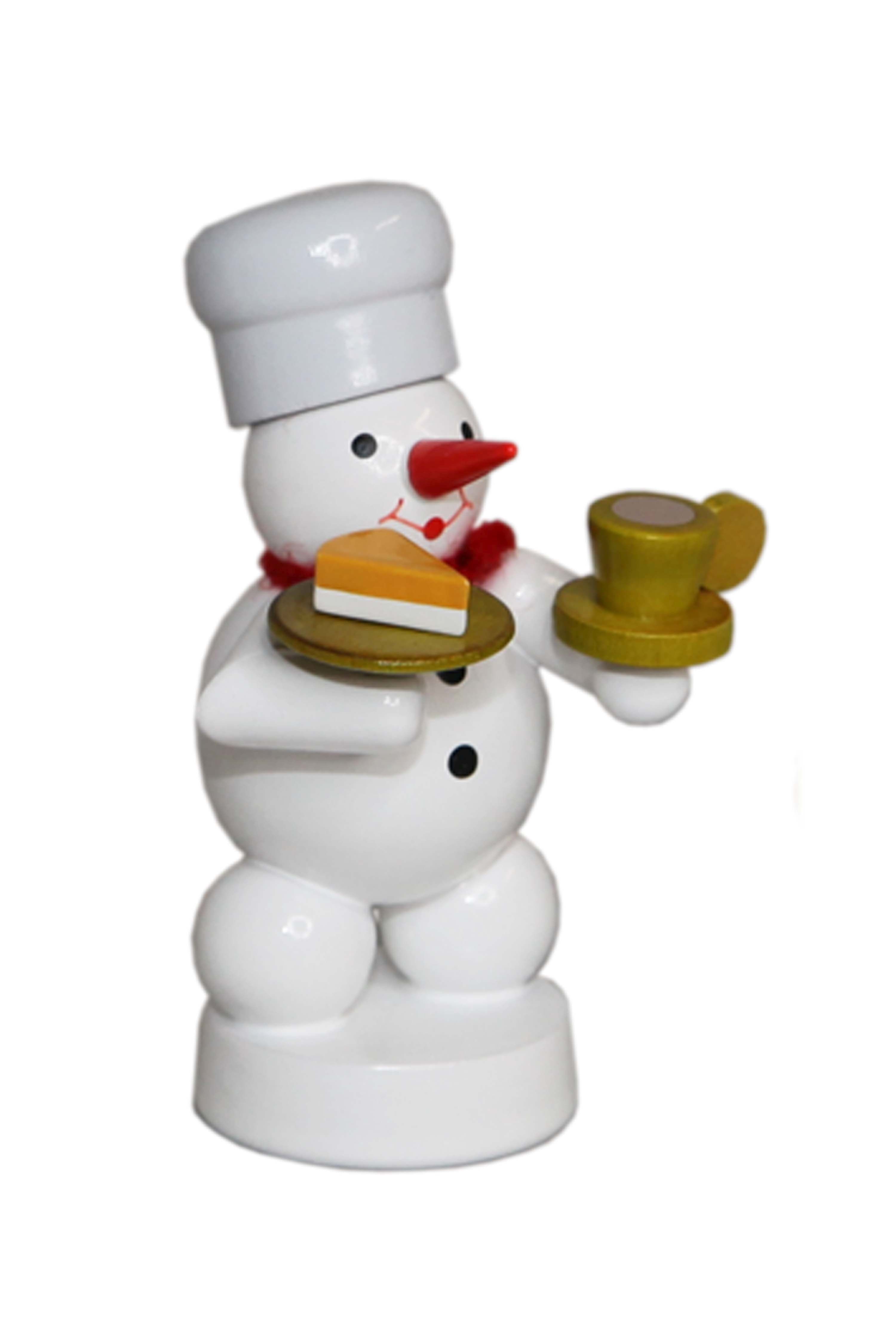 Schneemann Winterdekoration Schneemann mit Bäcker mit Kaffee und Kuchen Höhe 8cm