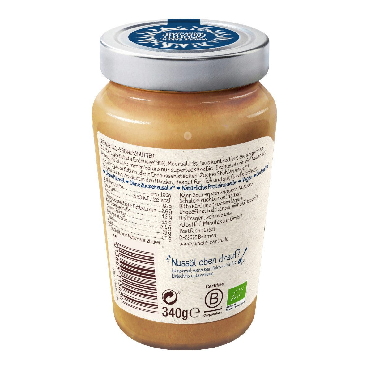 Whole Earth Nussaufstrich, Whole Earth Bio Peanut Butter Creamy Erdnussbutter Packung 340g