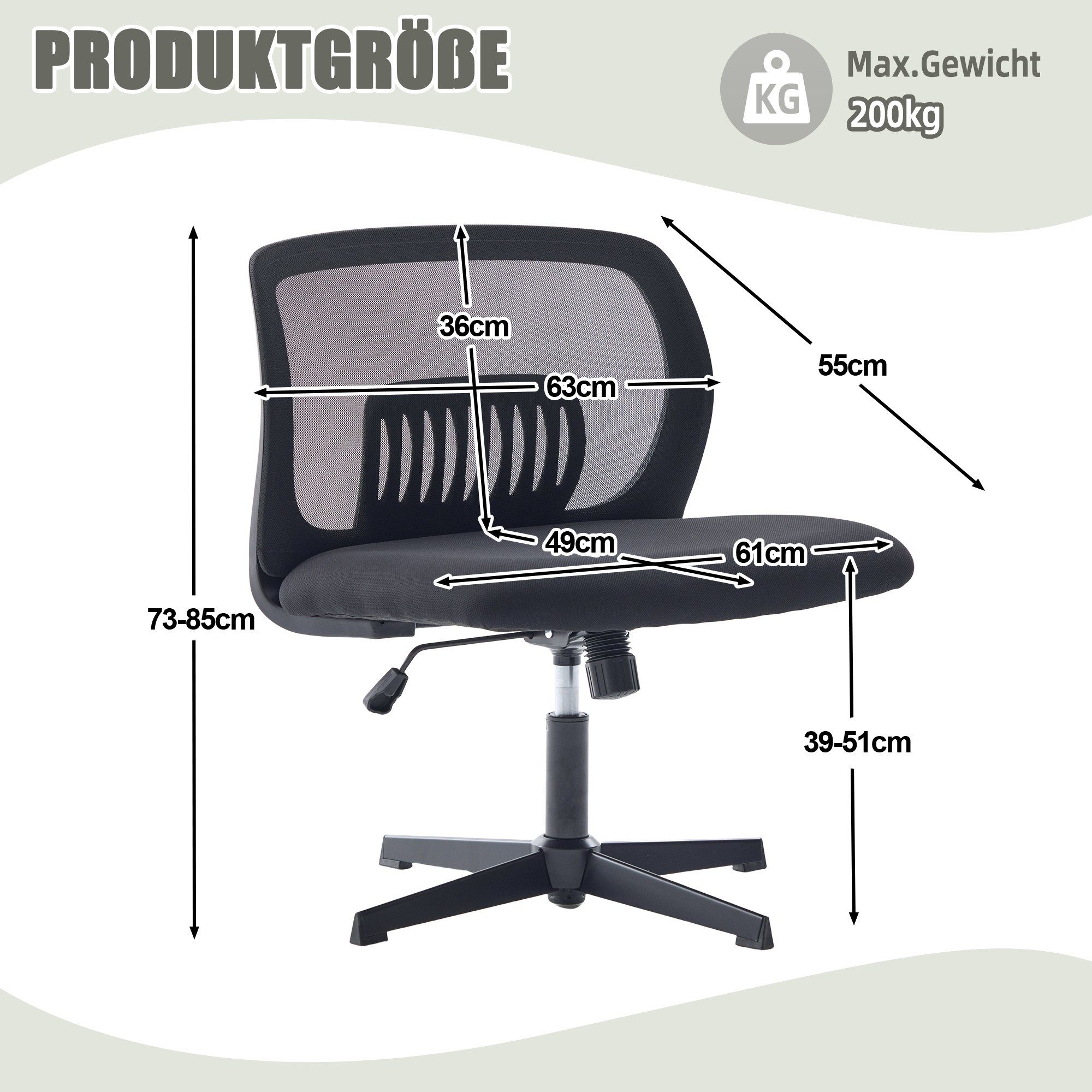 LVHOM Bürostuhl Armloser Drehstuhl, 61cm Breitsitz(jeder Körpertyp), Höhenverstellbar (360°drehbar, 20°neigbar Wippfunktion, gekreuzten Beinen. Ergonomisch, Wählbar zwischen Mesh(atmungsaktiv)-/ Velours(Winterkomfort)-Bezug, mit Stahlbeinen in Schwarz/Weiß. Bis 200kg, Rückendruckentlastung durch U-Form), Schneidersitz. Für Make-up, Lesen, Gaming, Büro, Homeoffice, Leseecke