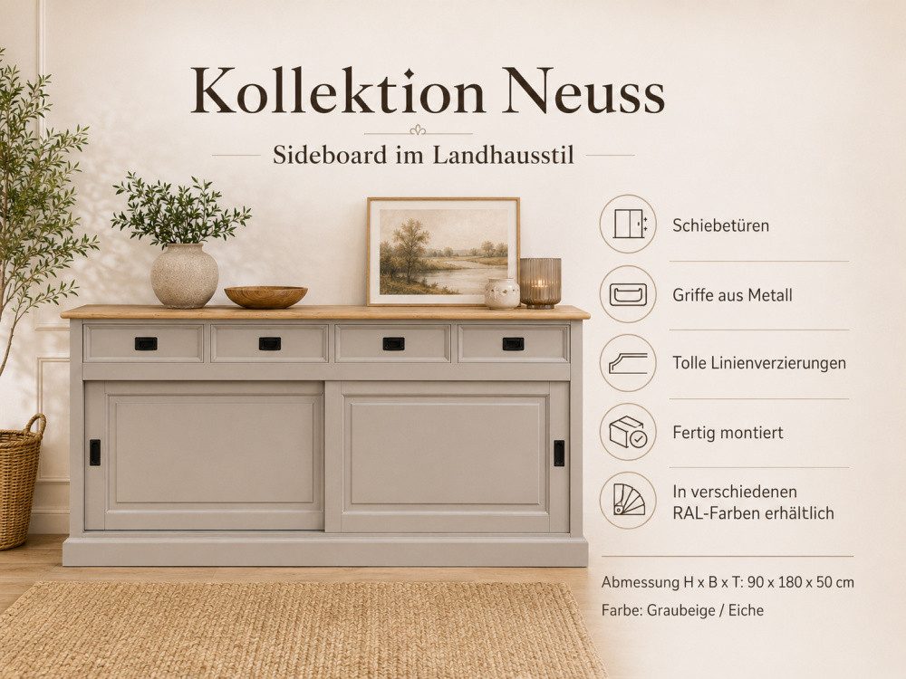 Wohnpalast Buffet Sideboard Neuss graubeige/eiche 180 cm mit Schiebetüren im Landhaus St