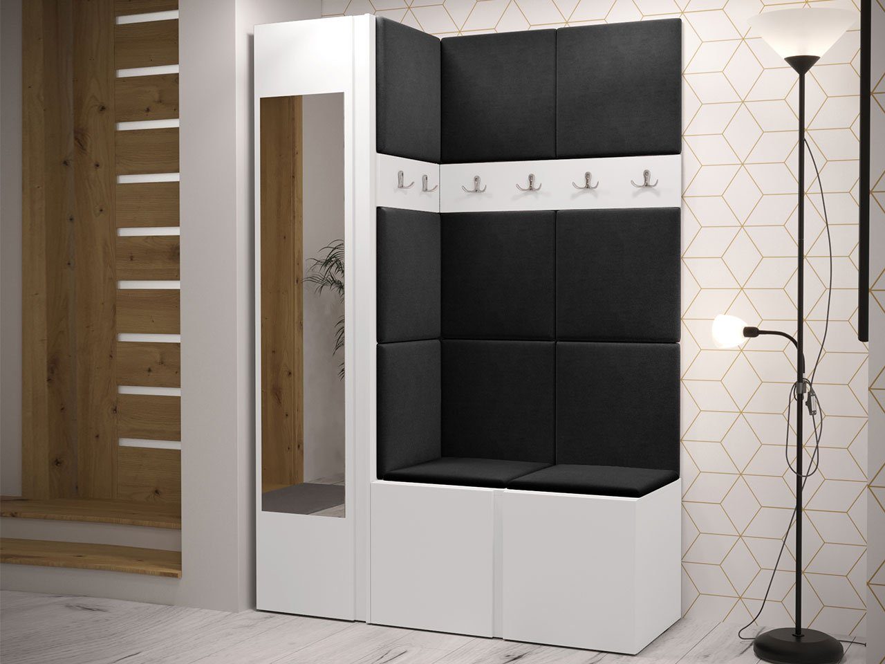 MIRJAN24 Garderoben-Set Orion X, (Komplett-Set, Schuhschrank, Schrank mit Spiegel, 2x Kleiderhaken, Paneel 11x 42x42), Auswahl aus Fronten und Polsterplatten