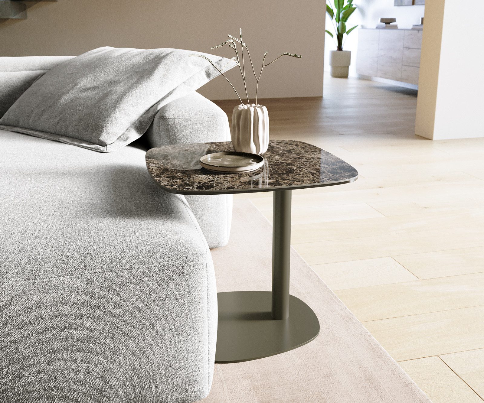 DELIFE Couchtisch Edge, Boot 50x50 cm Keramik Emperador Extra Lucidato Dunkelbraun Eleny Metal