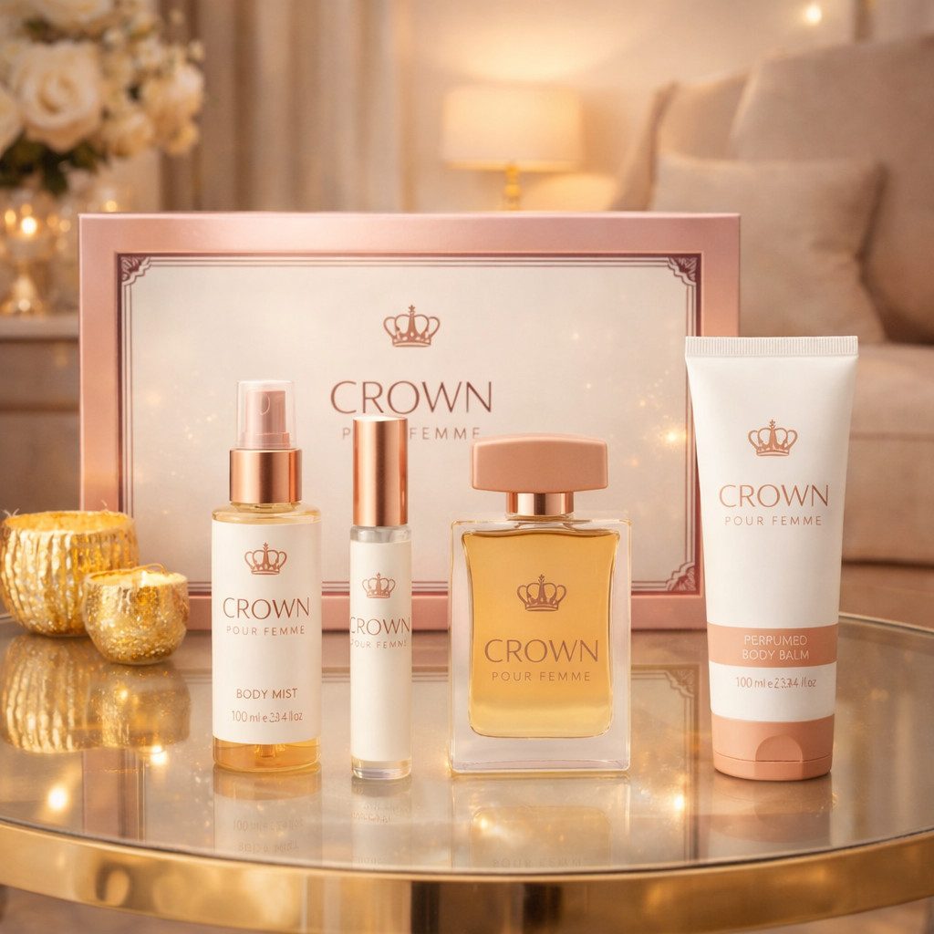 Fine Perfumery London Pflege-Geschenkbox Crown 4-tlg Damen Geschenkset: Eau de Parfum, Body Balm, Body Mist