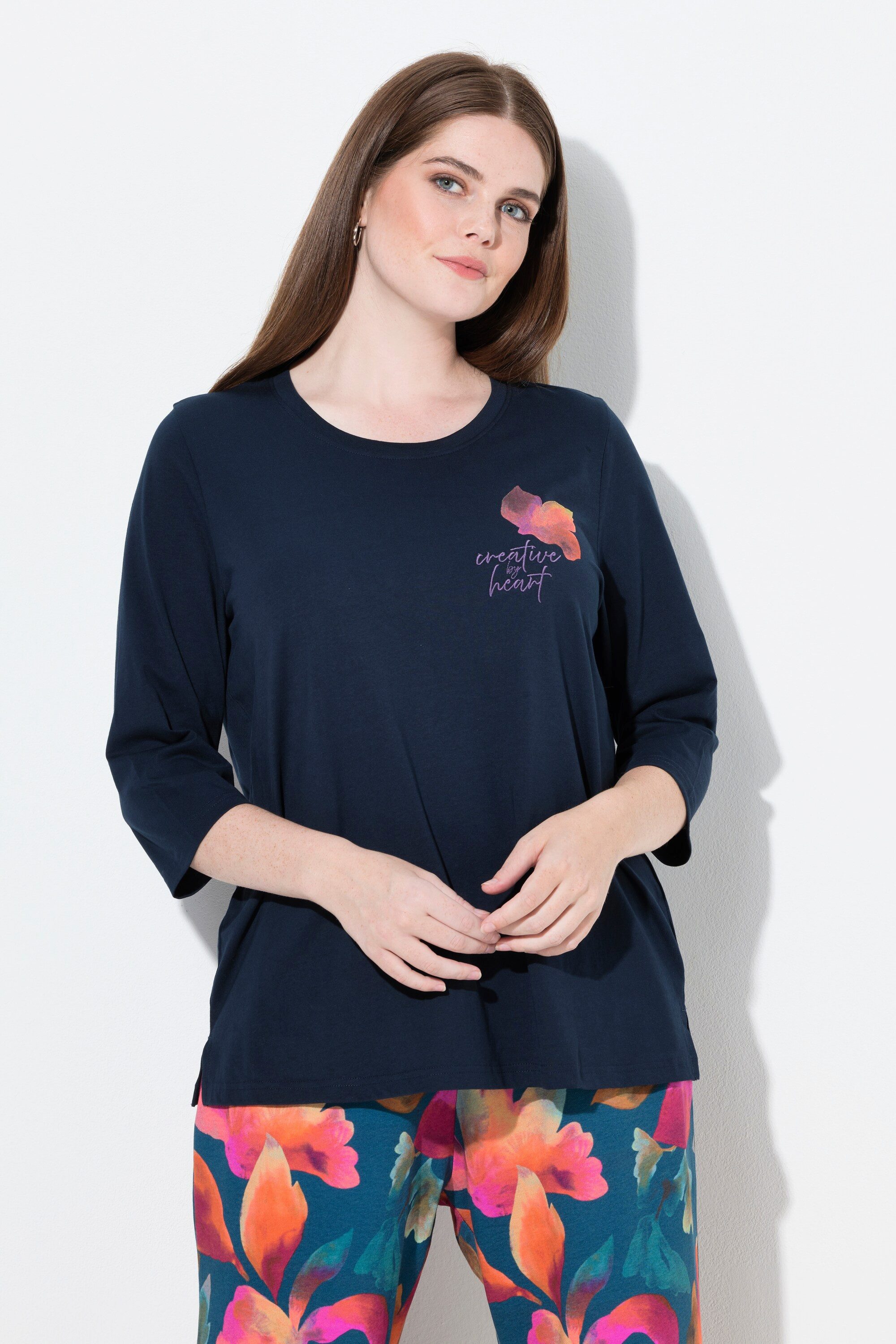 Ulla Popken T-Shirt Shirt Stickerei Rundhals 3/4-Arm Biobaumwolle günstig online kaufen