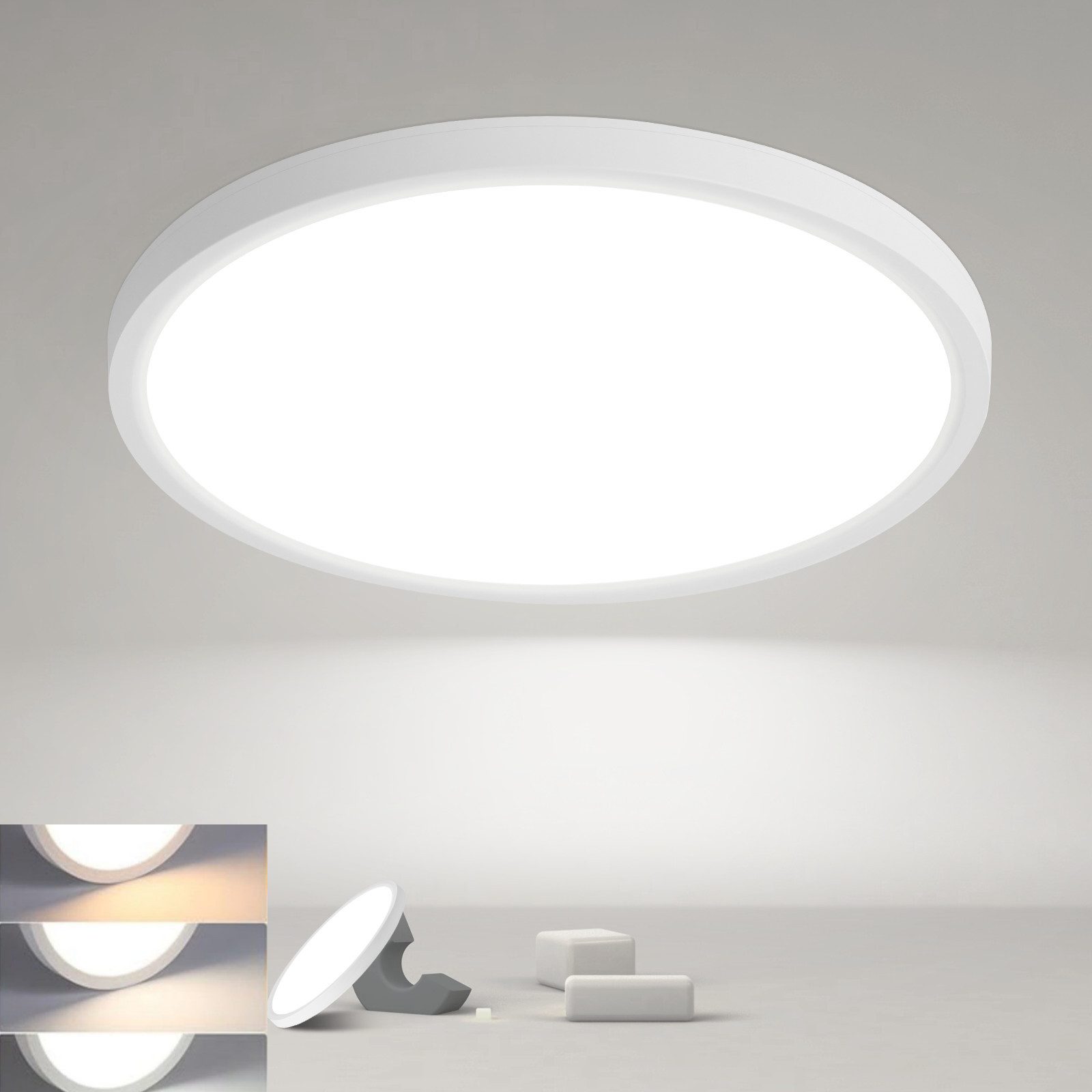 ZMH LED Deckenleuchte Whonzimmer ∅18CM Schwarz/Weiß Schlafzimmerlampe 15W für Küche Flur, Augenschutz, Einfache Installtion, LED fest integriert, 3000/4000/6500K, Dimmbar Flach Deckenlampe