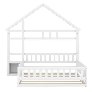 WISHDOR Kinderbett Flachbetten Holzbett Funktionsbett Doppelbett (Hausbetten mit Geländer 140 x 200cm, mit Nachttischen), ohne Matratze