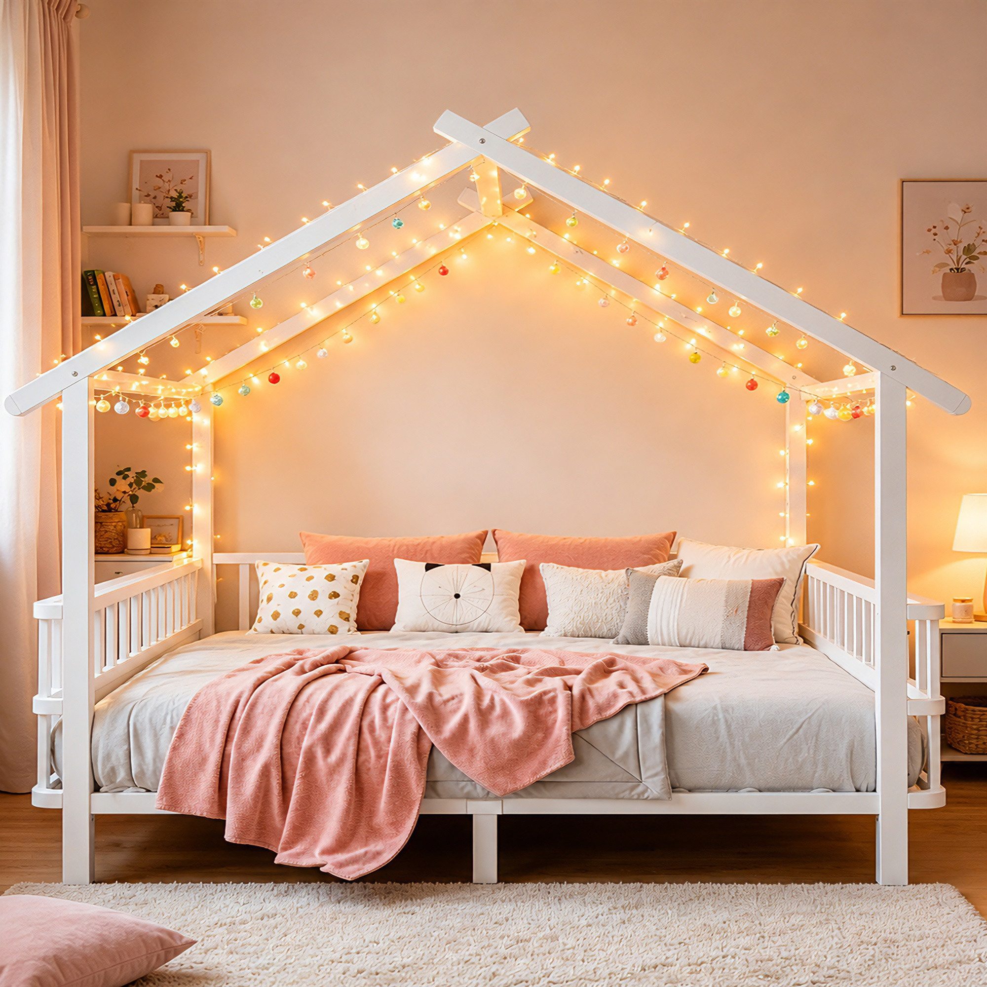 Odikalo Bettgestell Kinderbett Jugendbett Doppelbett 90/140×200 Ohne Matratze (Hausform mit Sicherheitsgitter Dachdesign und dekorativem Rahmen für Jungen und Mädchen(Ohne LED-Leuchten)