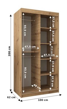 MOEBLO Schiebetürenschrank MALTESE 2 (mit Spiegel, mit/ ohne Schubladen, Schwebetürenschrank Schrank Garderobe Schiebtüren Schlafzimmer Wohnzimmerschrank) (BxHxT):100/120/150/180/200/250x200x62 cm