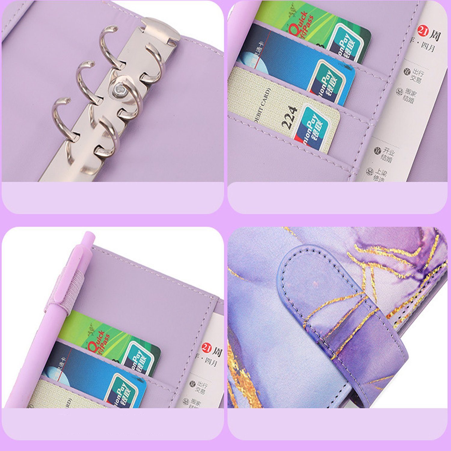 KINSI Ringbuchmappe Marmoriertes Notizbuch, 6-Loch-Loseblatt, A6-Budget-Notizbuch (Set), Reisetagebuch mit Magnetknopf und Stifthalter