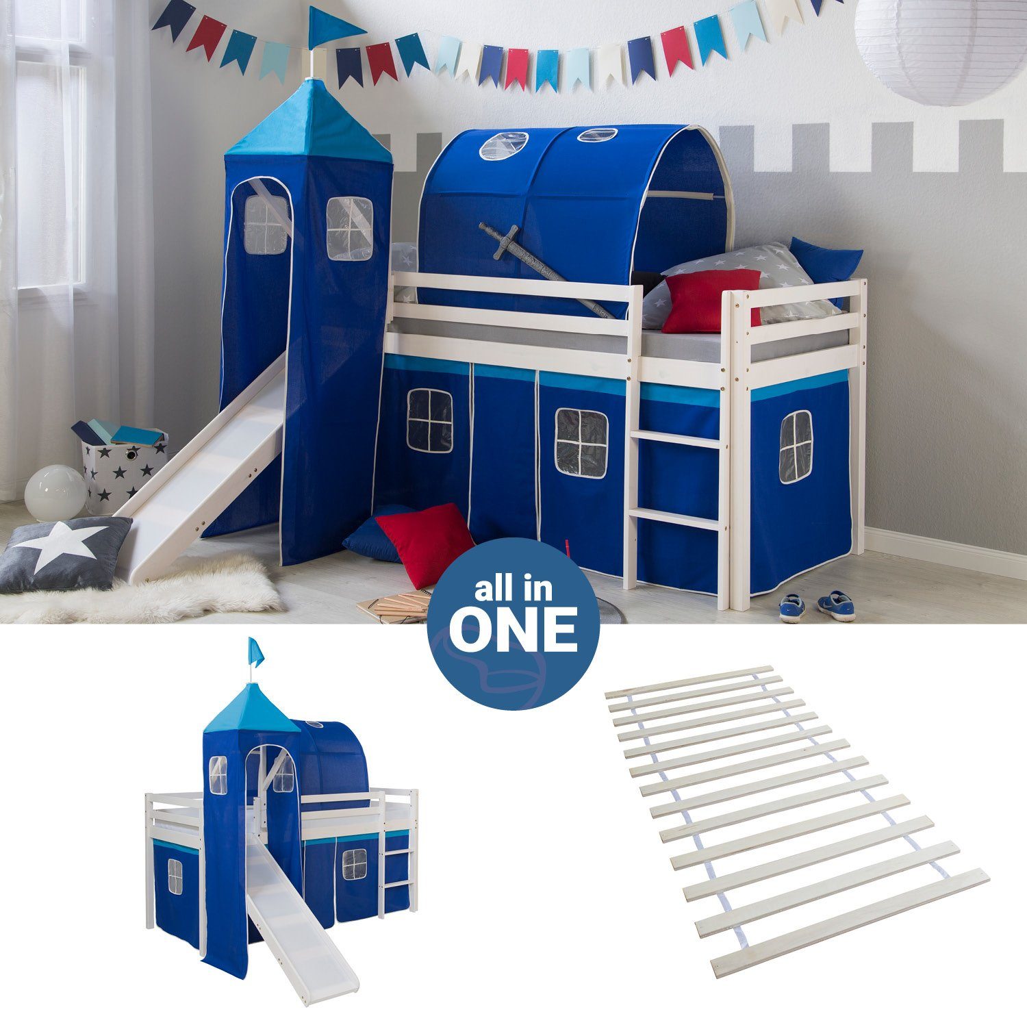 Homestyle4u Hochbett 90x200 mit Vorhang Lattenrost Matratze Rutsche Tunnel günstig online kaufen