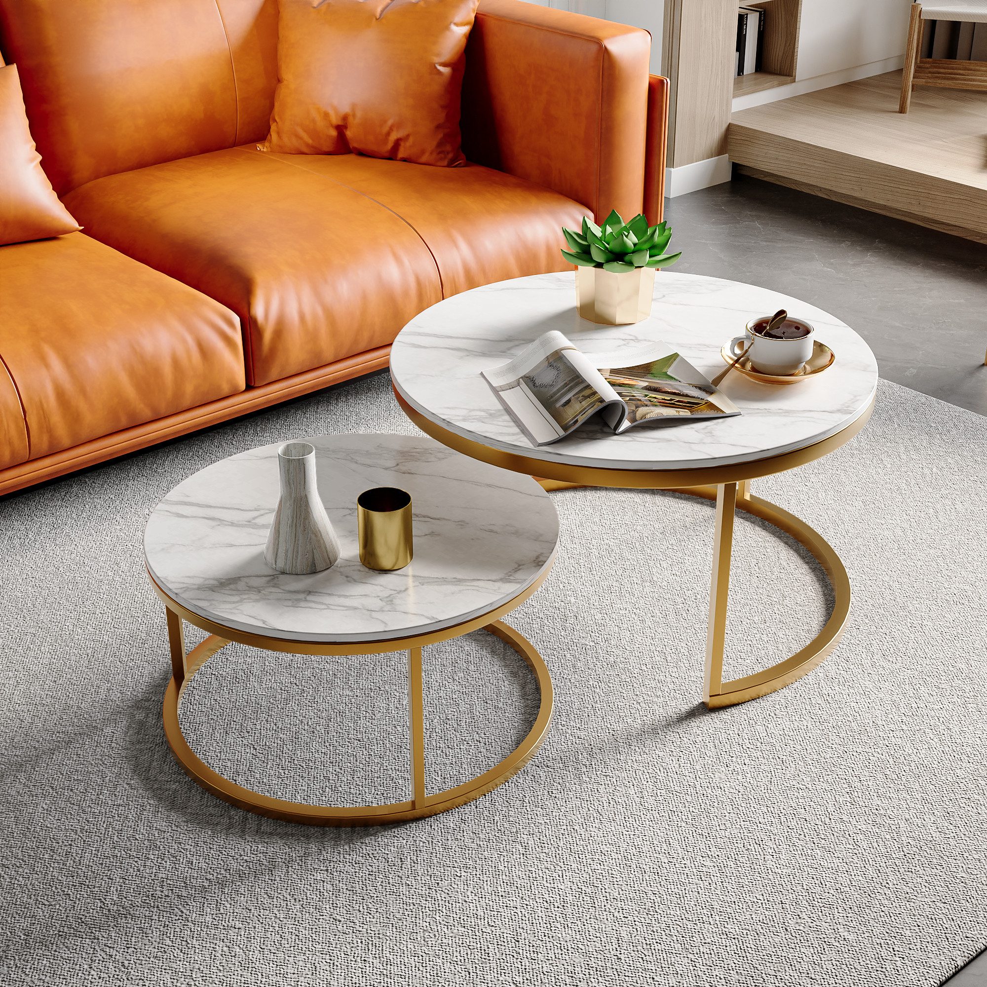 PXloue Couchtisch rund (2-St), 2er Set, Großer Tisch: 80 x 45 cm,Kleiner Tisch: 60 x 33 cm