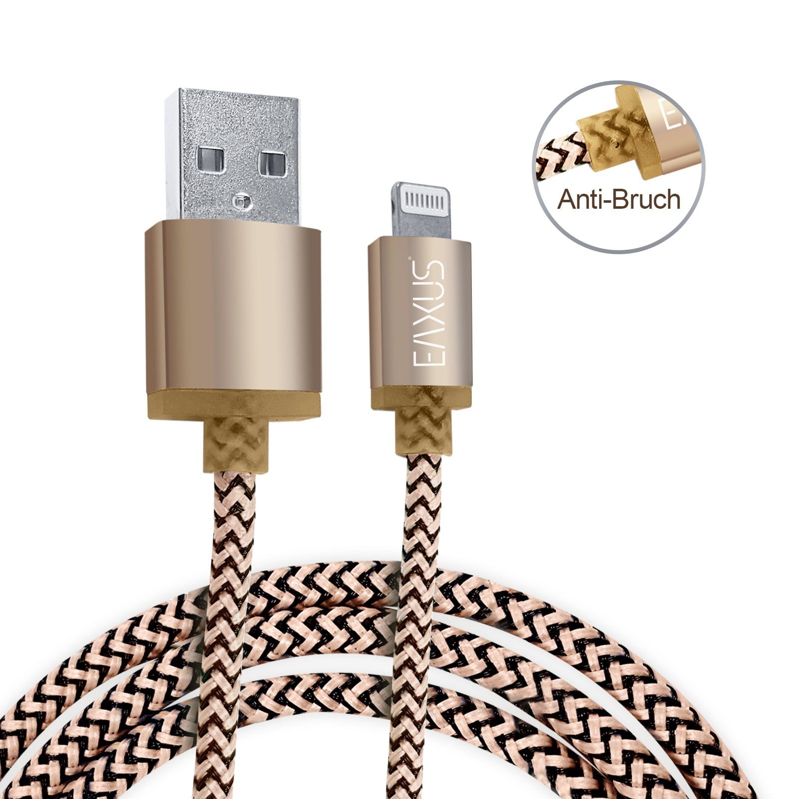 EAXUS USB 3-poliges Зарядный кабель mit Anti-Bruch - Gold/Silber 1m/3m Usb-кабель, 8-Pin, Standard-USB, (300 cm), für iPhone, iPad, iPad Air, iPad Mini, iPod