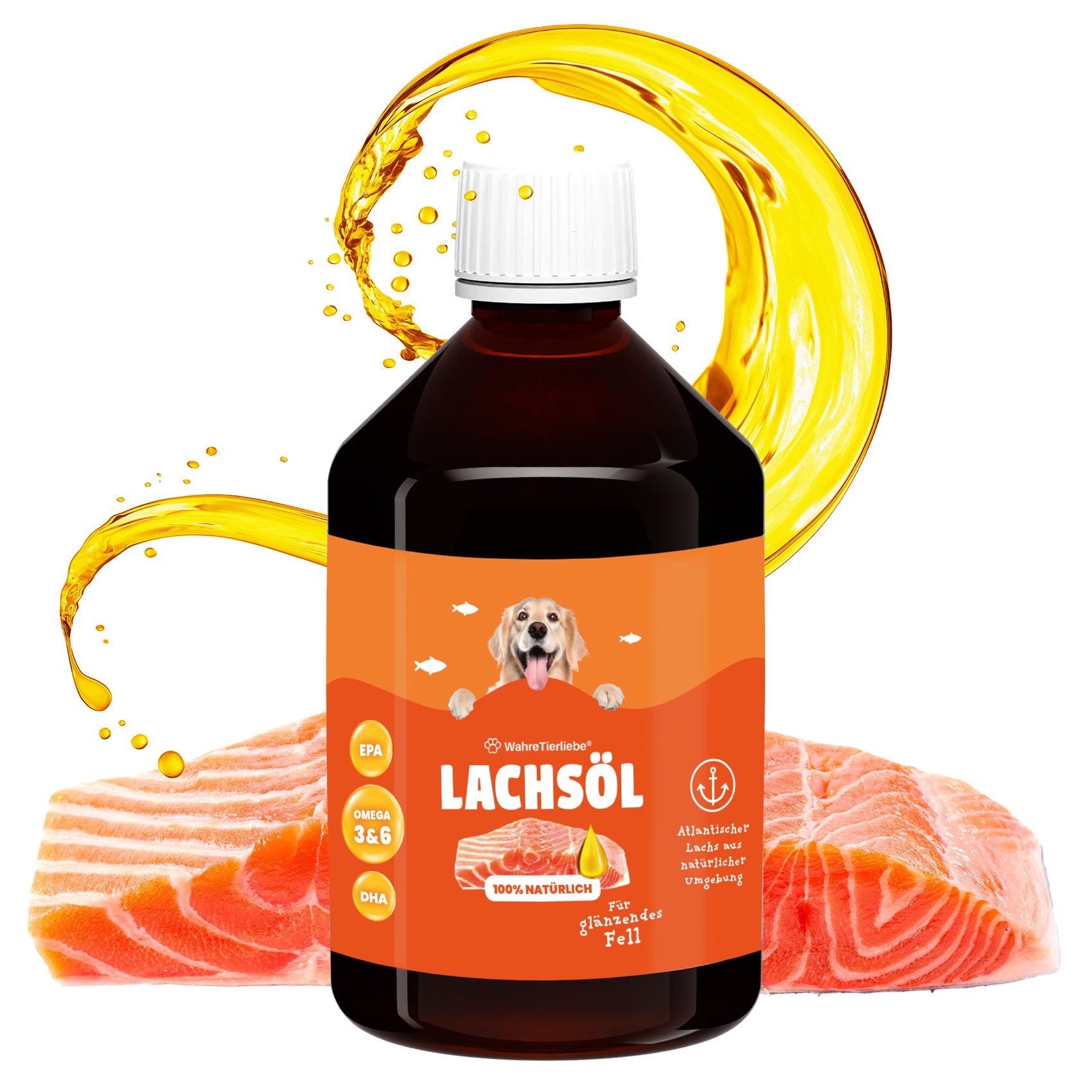Wahre Tierliebe Уход за шерстью Lachsöl, 100% atlantisches Fischöl, Omega 3 und 6 Fettsäuren, 250 ml, Für Katzen & Hunde, Lachsöl aus natürlicher Umgebung, viele Vitamine