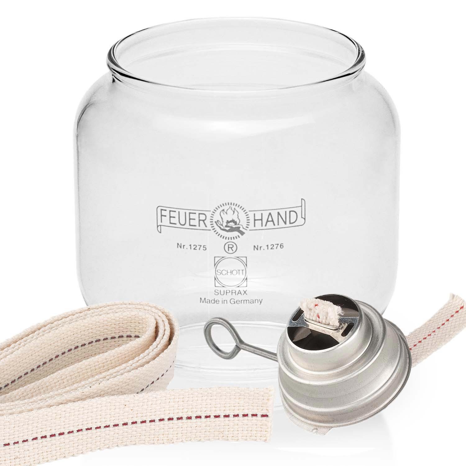 Landshop24 Deko-Glas Feuerhand Glas klar + Brenner + Docht für 276 (3 St), Made in Germany