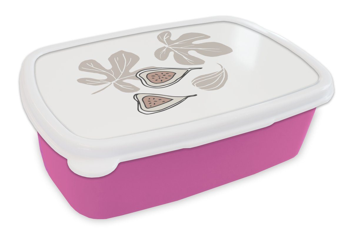 MuchoWow Lunchbox Sommer - Feige - Braun - Weiß, Kunststoff, (2-tlg), Brotbox für Erwachsene, Brotdose Kinder, Snackbox, Mädchen, Kunststoff rosa