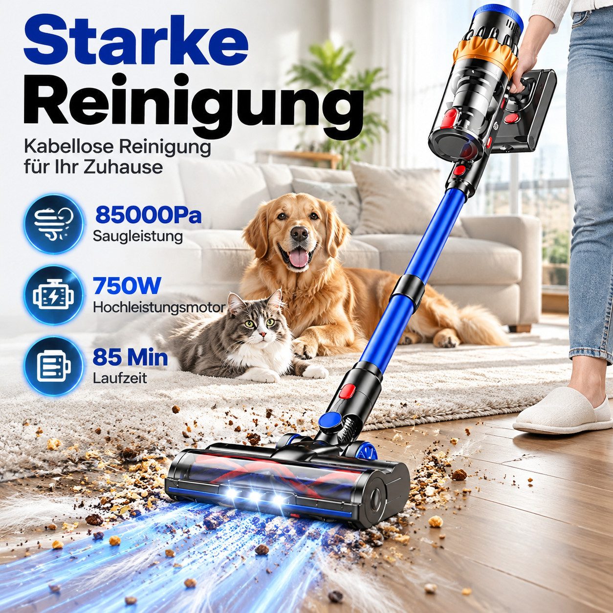 MIBODE Akku-Hand-und Stielstaubsauger 85000Pa Akku Staubsauger 750W 80Min 1,8L Kabelloser Staubsauger, 550 W, beutellos, 85KPa 85Min Akku Staubsauger, kabelloser Staubsauger, 1,8L