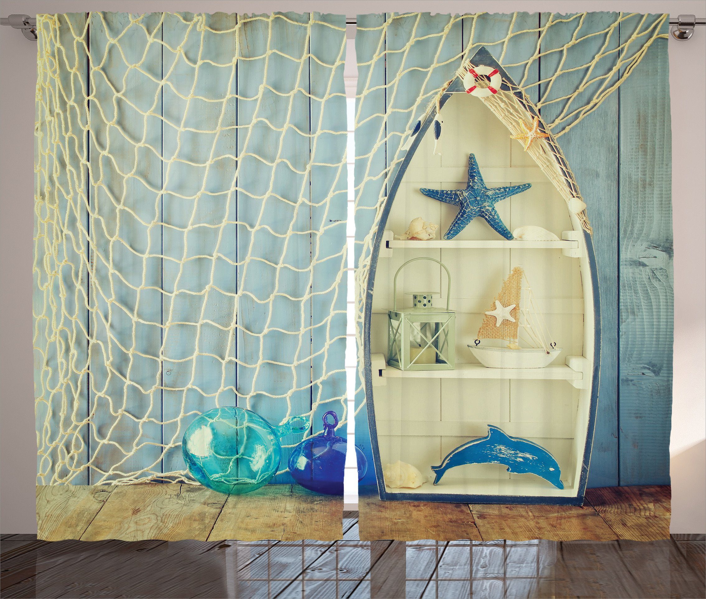 Gardine Schlafzimmer Kräuselband Vorhang mit Schlaufen und Haken, Abakuhaus, Nautisch Aquatic Objekte Boote