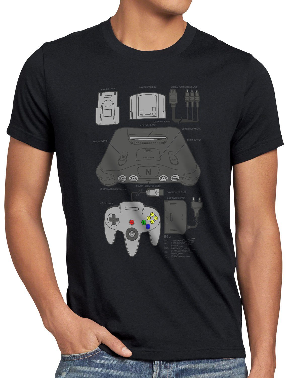 style3 Print-Shirt Herren T-Shirt 64 Bit Retro Gamer konsole n64 videospiel schwarz