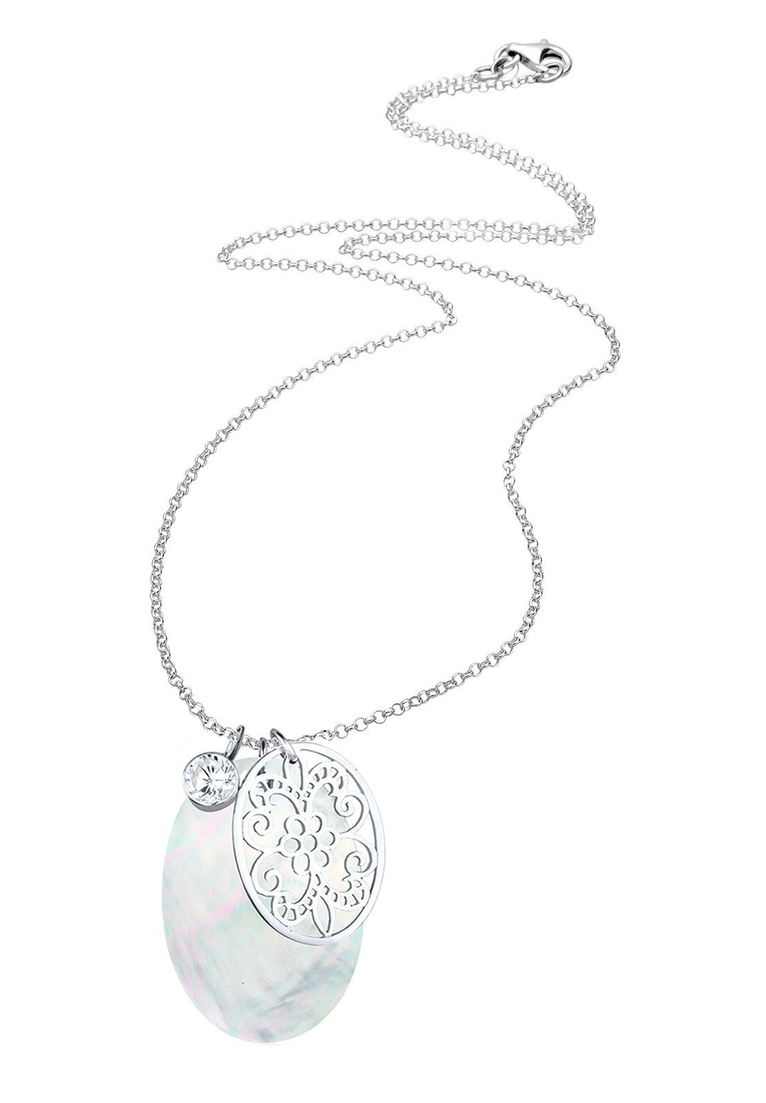 Ornament mit Perlmutt Ornament Anhänger Weiß Zirkonia Sterling 925 Silber, Elli Kette