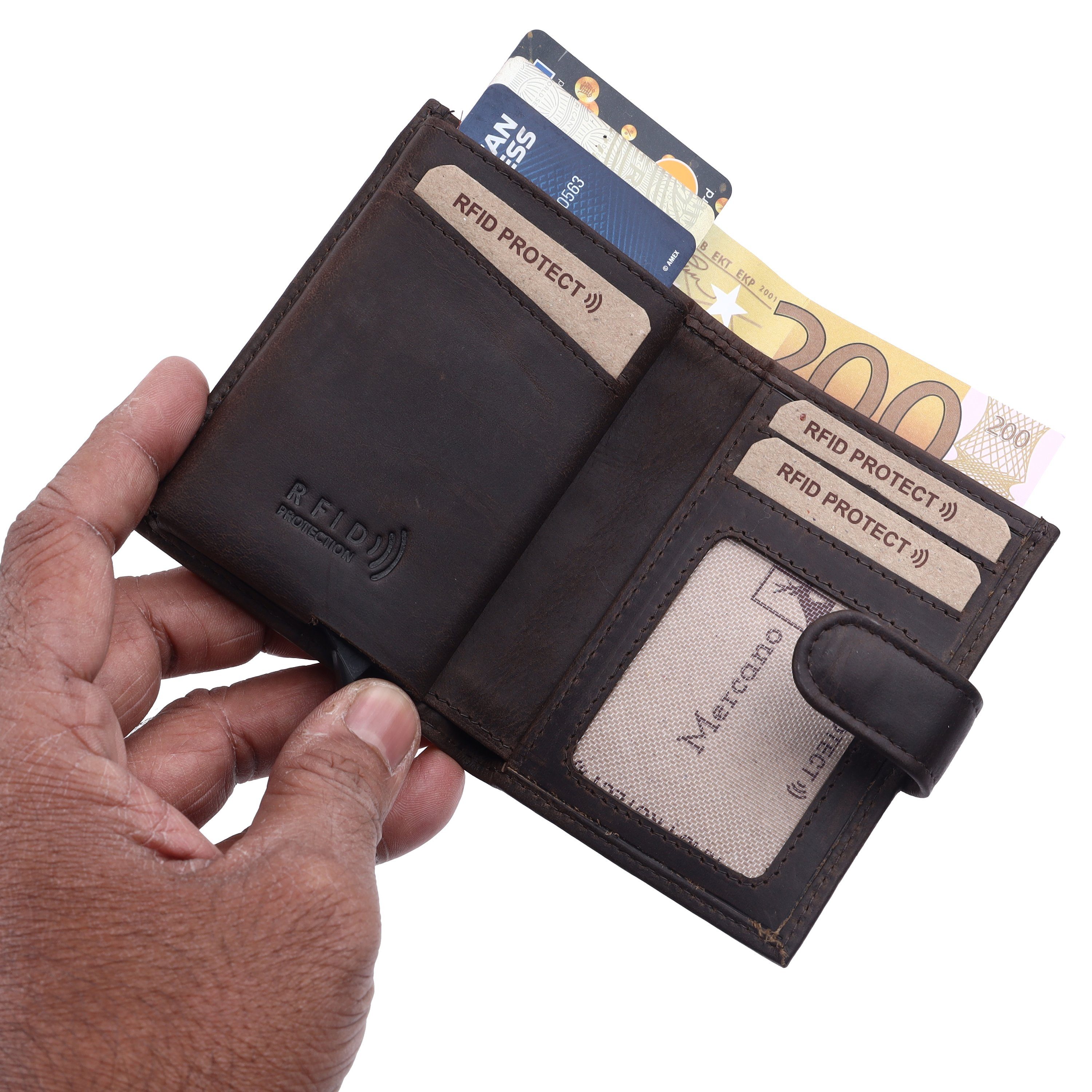 RFID-Schutz, Leder, Geschenkbox, Geldbörse Mercano Flipcase Herren, aus Vintage Dunkelbraune und für Damen inkl. 100%
