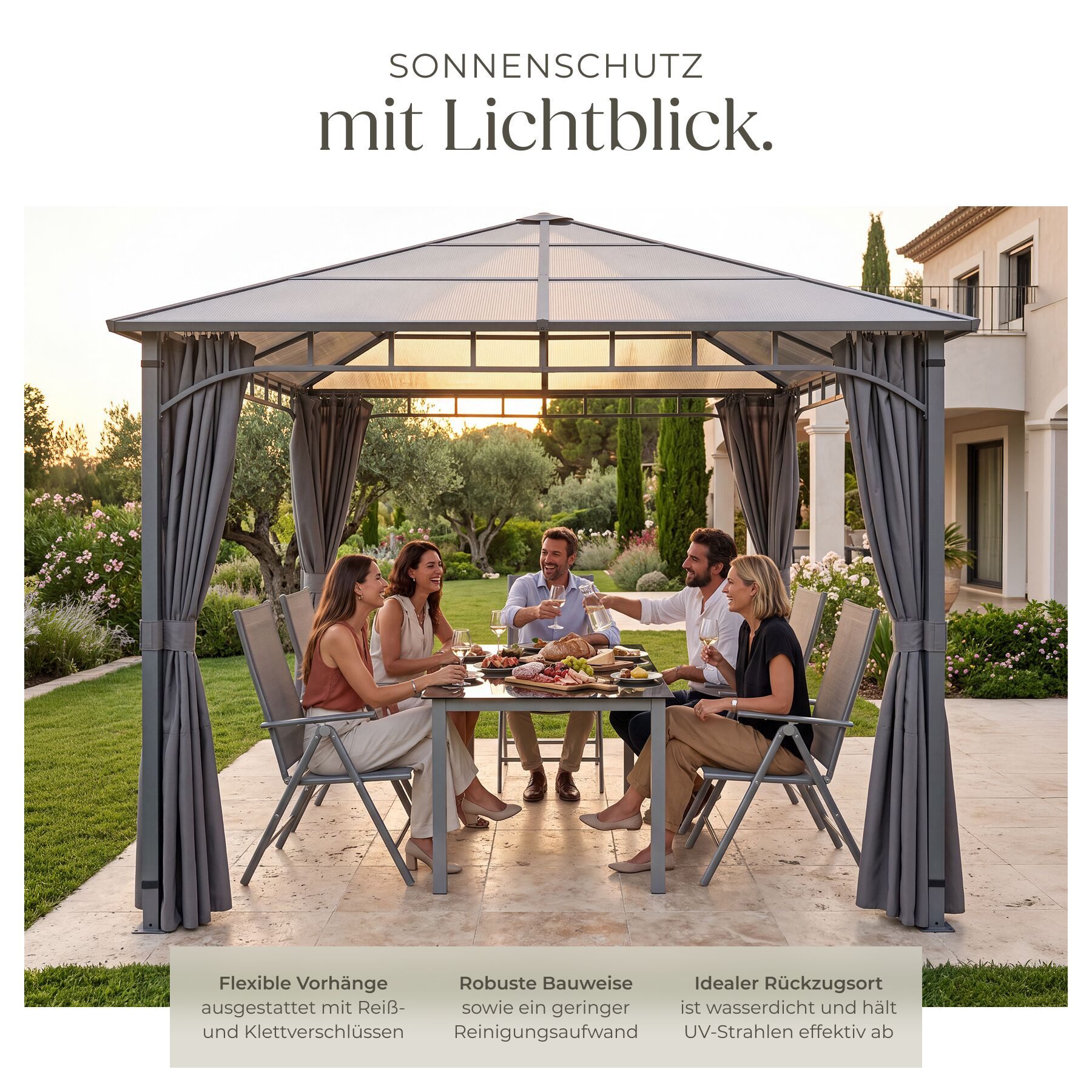 tectake Pavillon Gartenlaube 3 x 3 m wasserdicht mit Hardtop und Polycarbonatdach, mit 4 Seitenteilen, (Gartenüberdachung Caracas, in Grau), lichtdurchlässiges Dach und schließbare Seitenteile, Inkl. Heringe