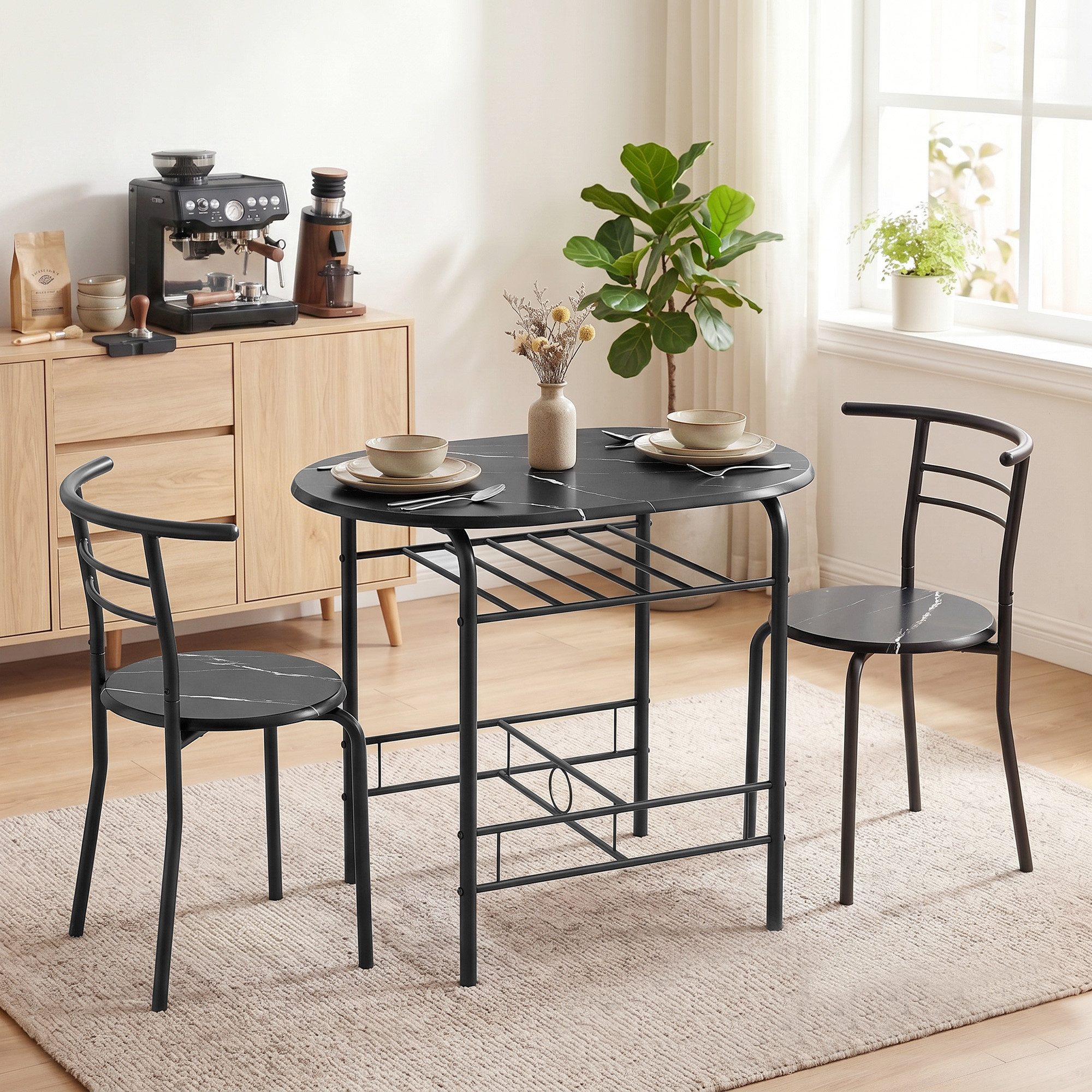 HOMCOM Essgruppe Sitzgruppe Küchentisch mit Metallgestell, Ablageregal, Marmor-Optik, (Set, 3-tlg), Tisch mit Regalablage, platzsparende Stühle
