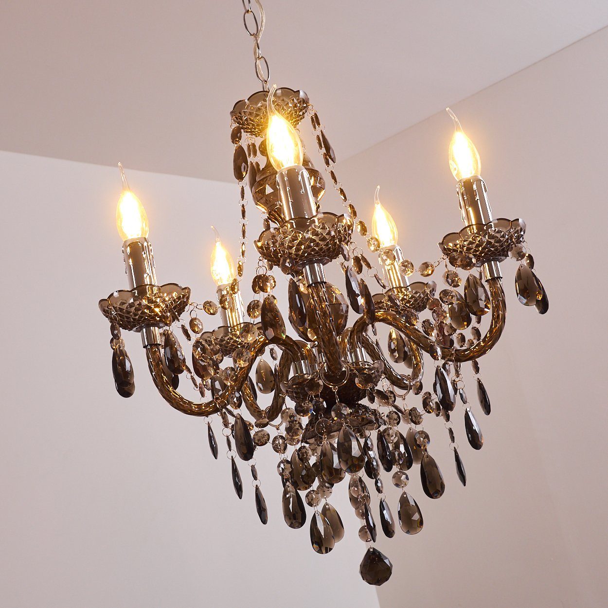 hofstein Kronleuchter »Schine« Hängelampe aus Metall in Schwarz, ohne Leuchtmittel, 5xE14 je 40 Watt, klassische mit Zierkristallen, Vintage/Retro Design