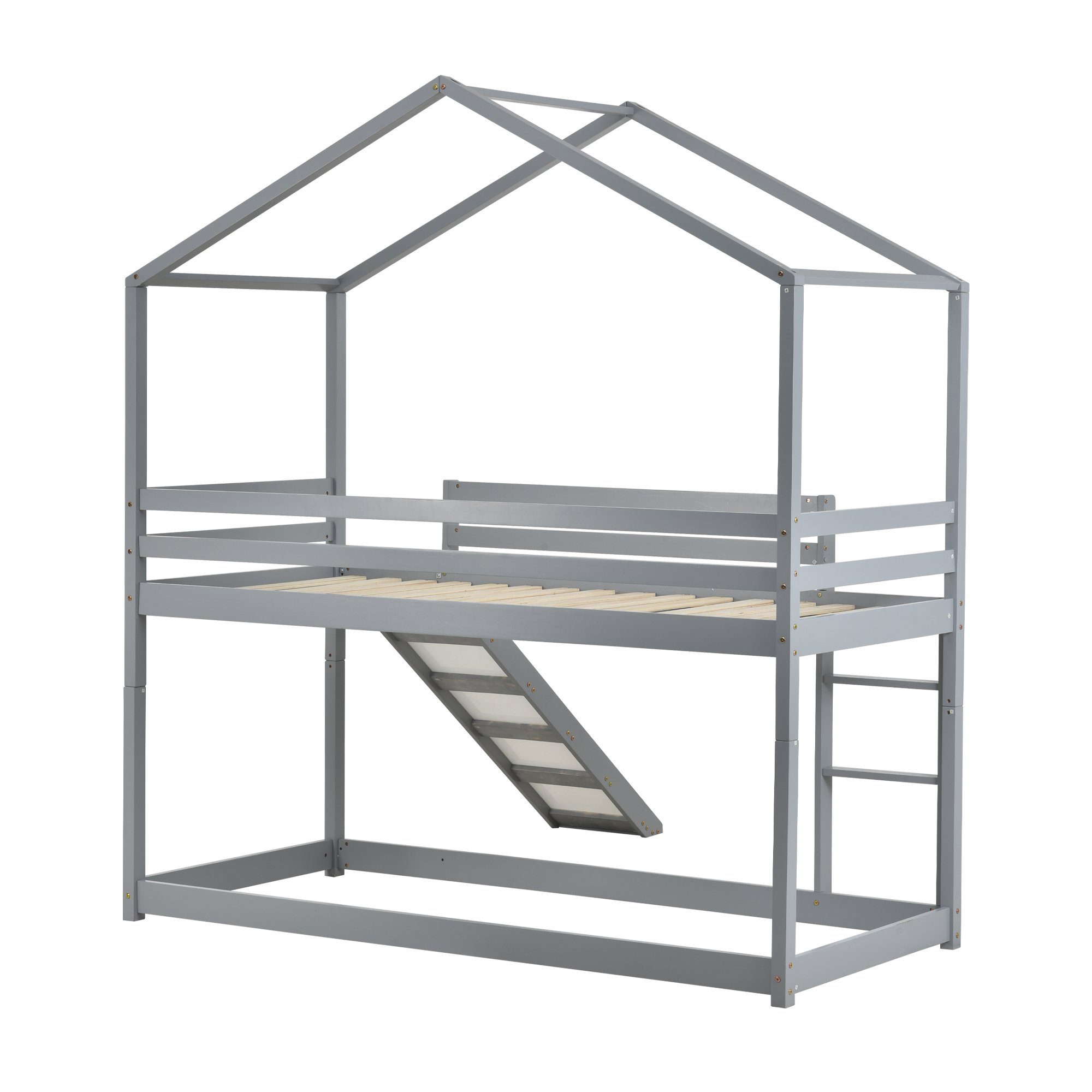 Etagenbett (Kinderbett Hausbett 90x200 cm), Hochbett mit Lattenrost, Rutsche, Rausfallschutz und Leiter, Kiefer