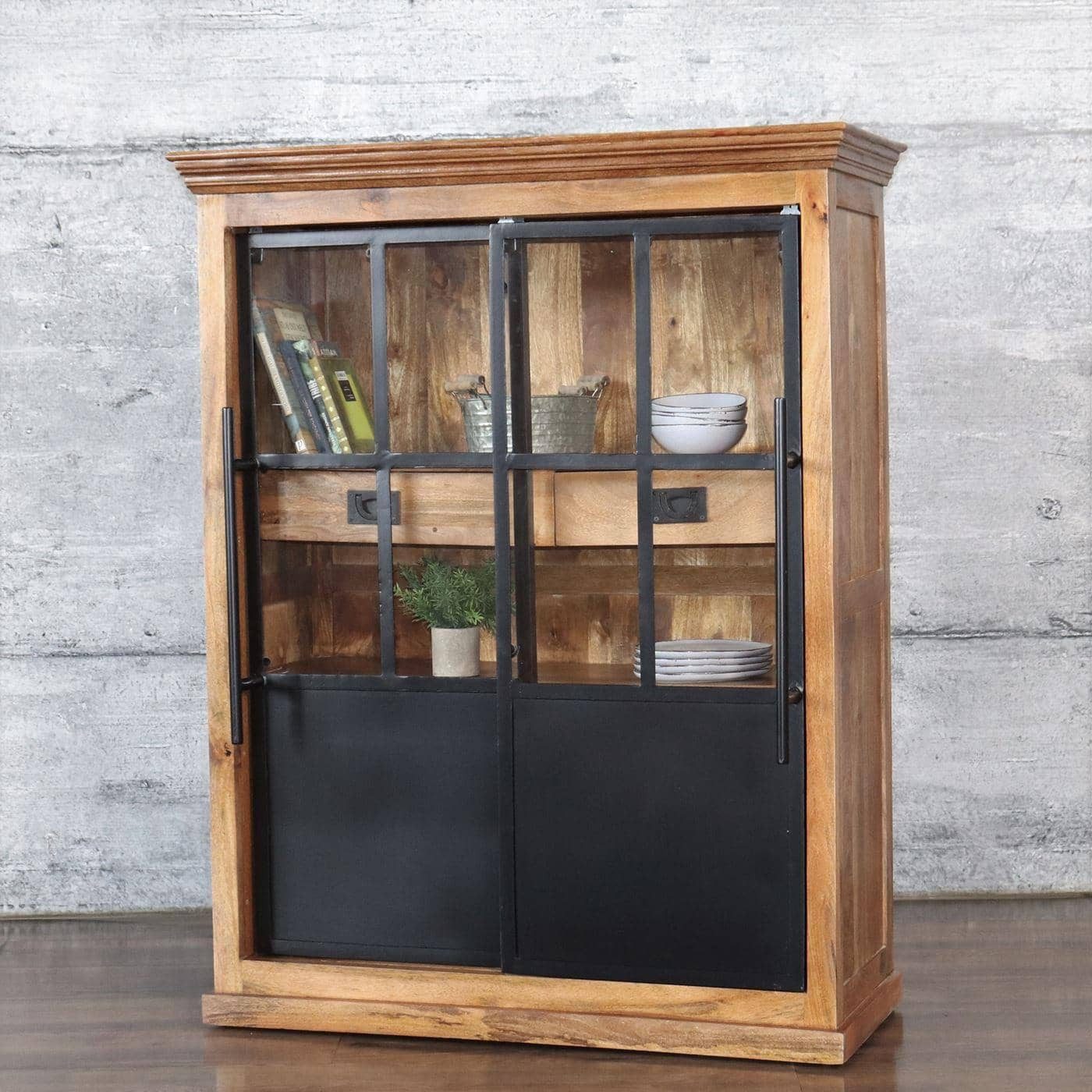 baario Highboard Highboard HOXT Industrial, Vitrine massiv Mangoholz & Eisen Geschirrschrank