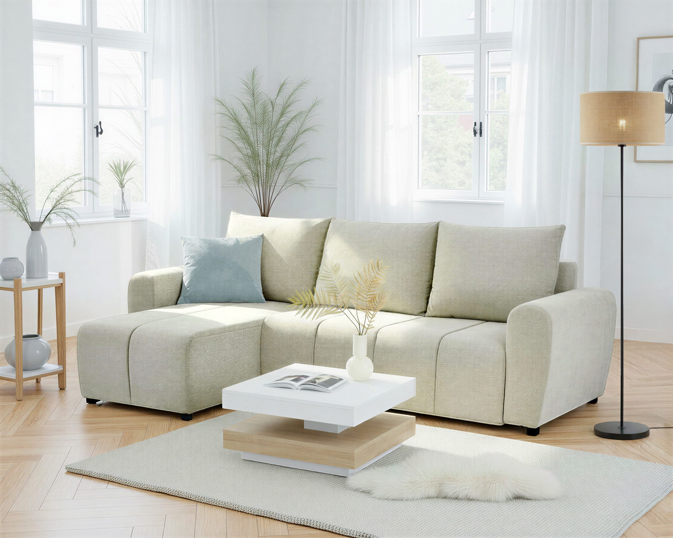 Home affaire Ecksofa Nortrud, 241 cm, L-Form, mit Schlaffunktion u. Bettkasten, Recamiere rechts / links montierbar, Feinstruktur-Bezug