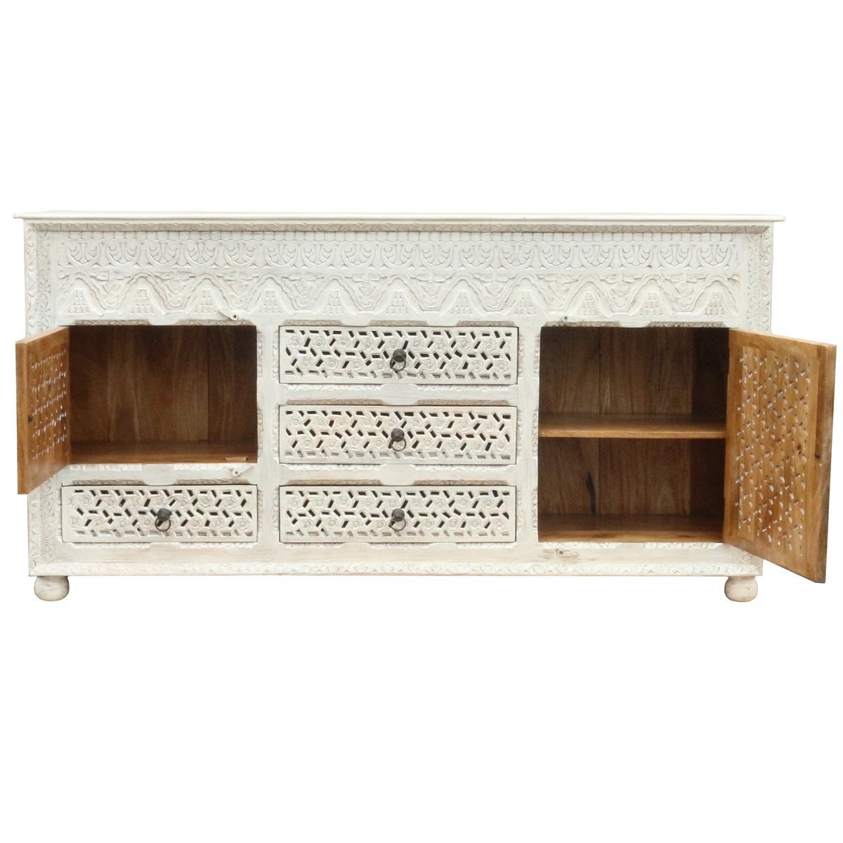 Oriental Galerie Unterschrank Weiß Whitewash Sideboard Tamani Indien 195cm Kommode, Massivholz, Wohnzimmer
