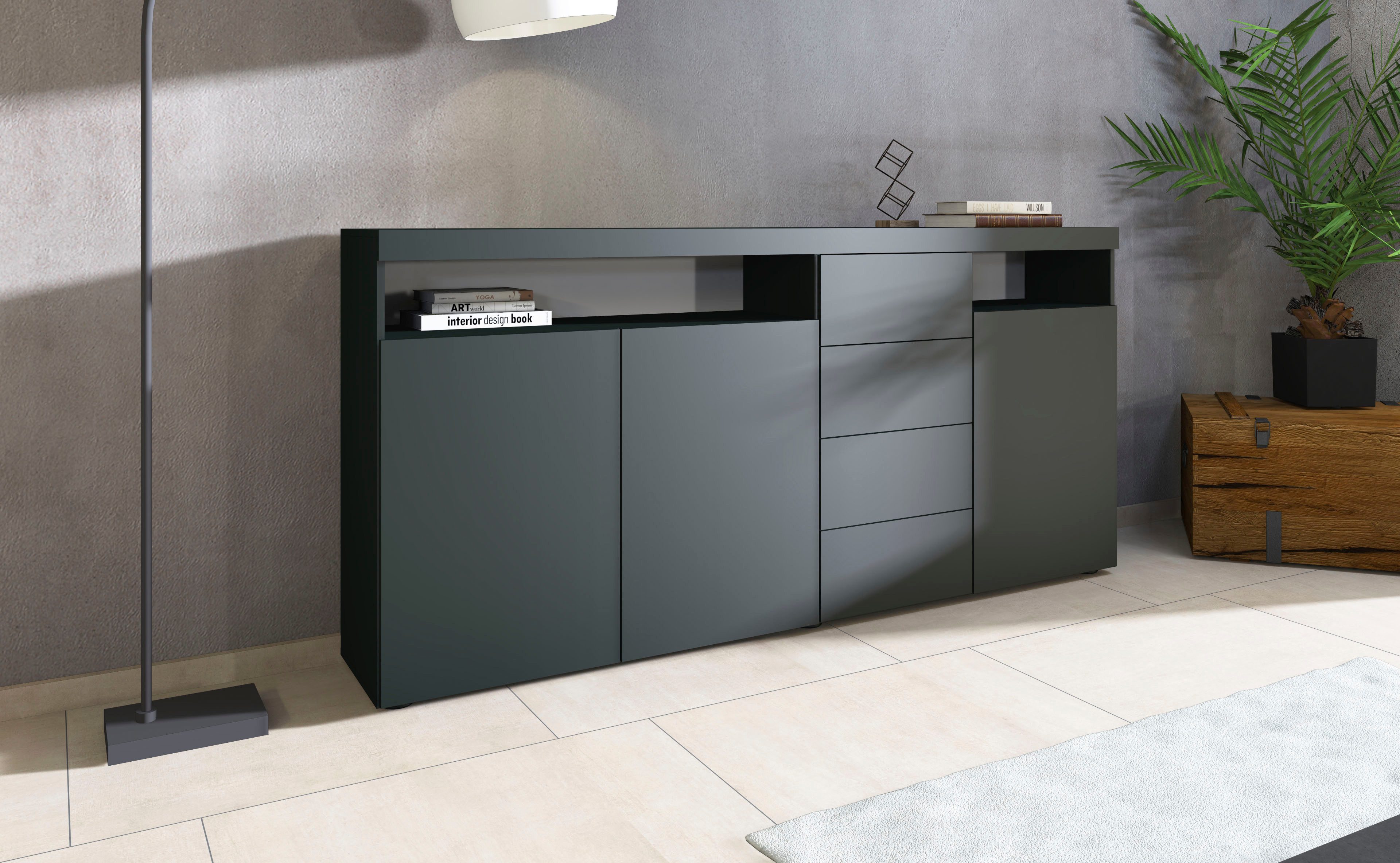 borchardt Möbel Highboard Kapstadt, Breite 200cm, Kommode mit Drucköffner, Türen, Schubladen, offene Fächer, viel Stauraum, praktisch, modern